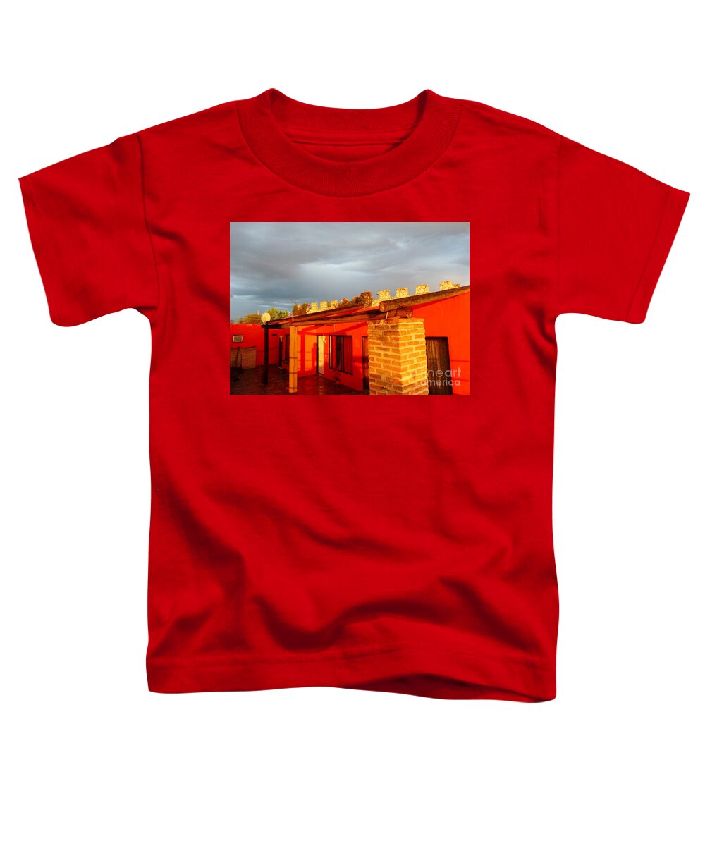 Red Building Reflecting Setting Sun Toddler T-Shirt featuring the photograph Sun Setting Storm Brewing by Rosanne Licciardi
