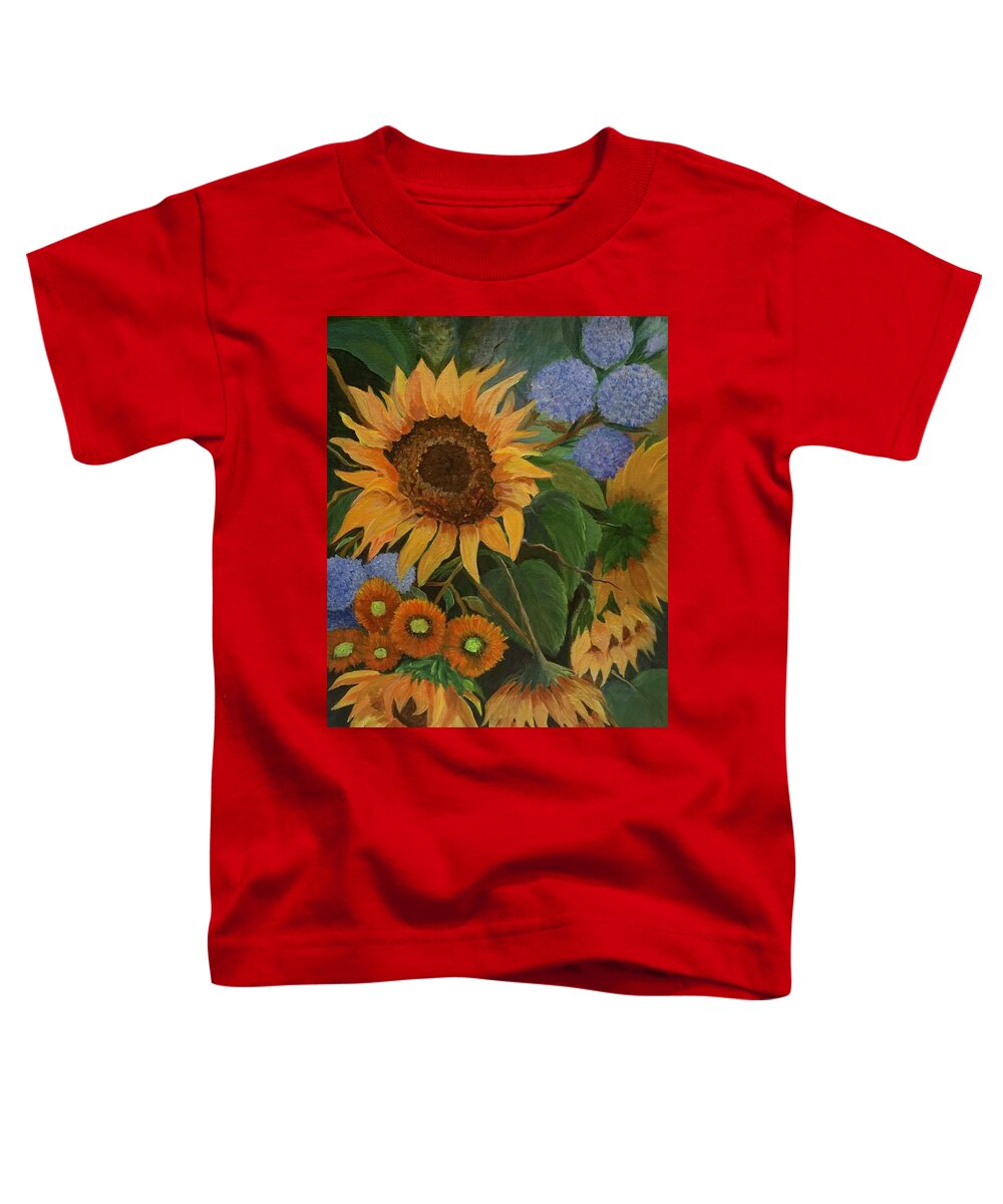 Sunflowers. Large Leaves Toddler T-Shirt featuring the painting Sunflowers in my Garden by Jane Ricker