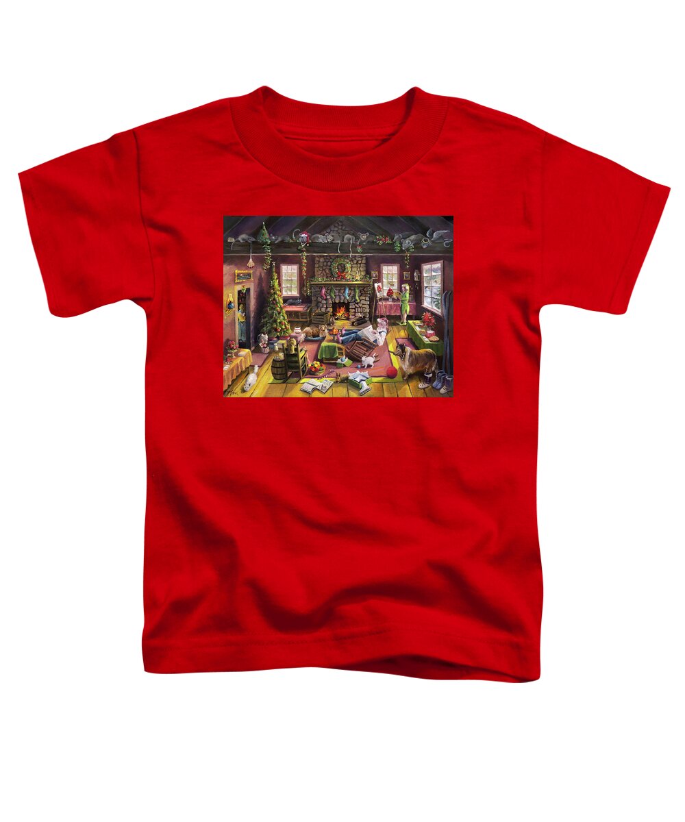 Cabin Toddler T-Shirt featuring the painting The Micey Christmas Heisty by Nancy Griswold