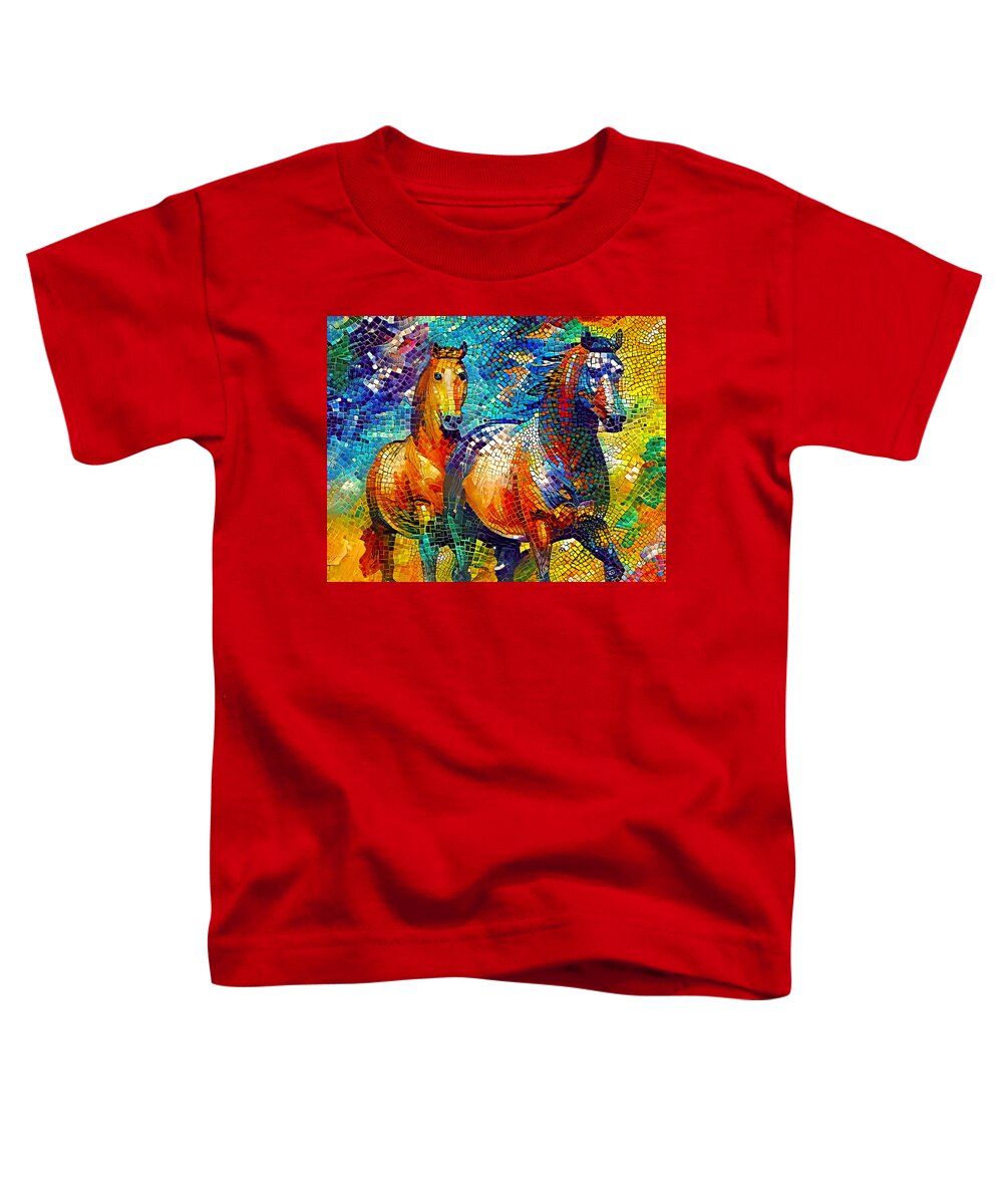 Horse Walking Toddler T-Shirt featuring the digital art A couple of horses walking - colorful mosaic by Nicko Prints