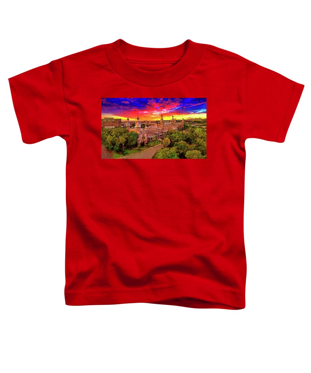 Henry B. Plant Museum Toddler T-Shirt featuring the digital art Aerial of Henry B. Plant Museum in Tampa, Florida, at sunset - digital painting by Nicko Prints