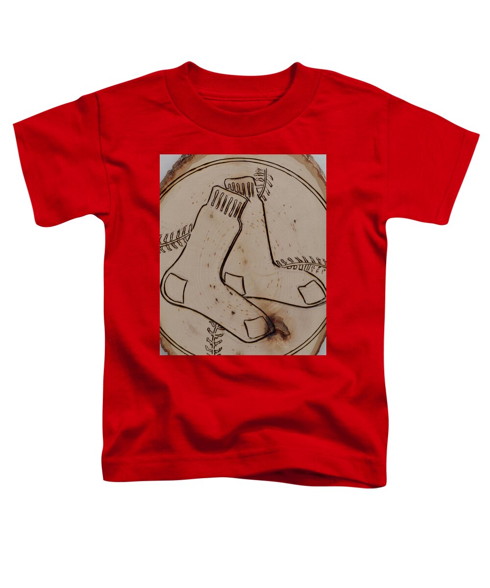 Wood Burned Art Toddler T-Shirt featuring the pyrography Boston Red Sox est 1901 by Sean Connolly