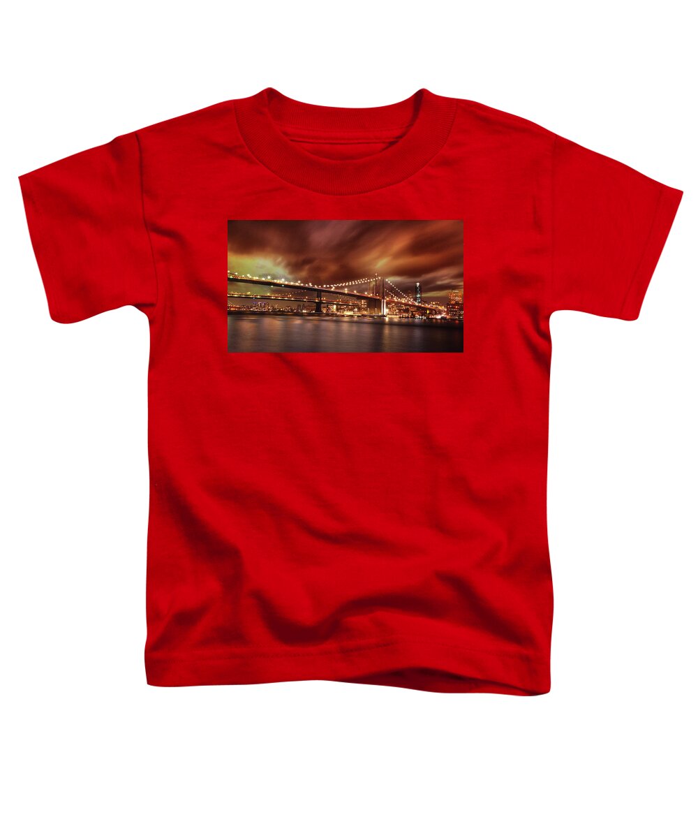 America Architecture Bridge Toddler T-Shirt featuring the photograph Brooklyn Bridge Clouded Sky by Montez Kerr