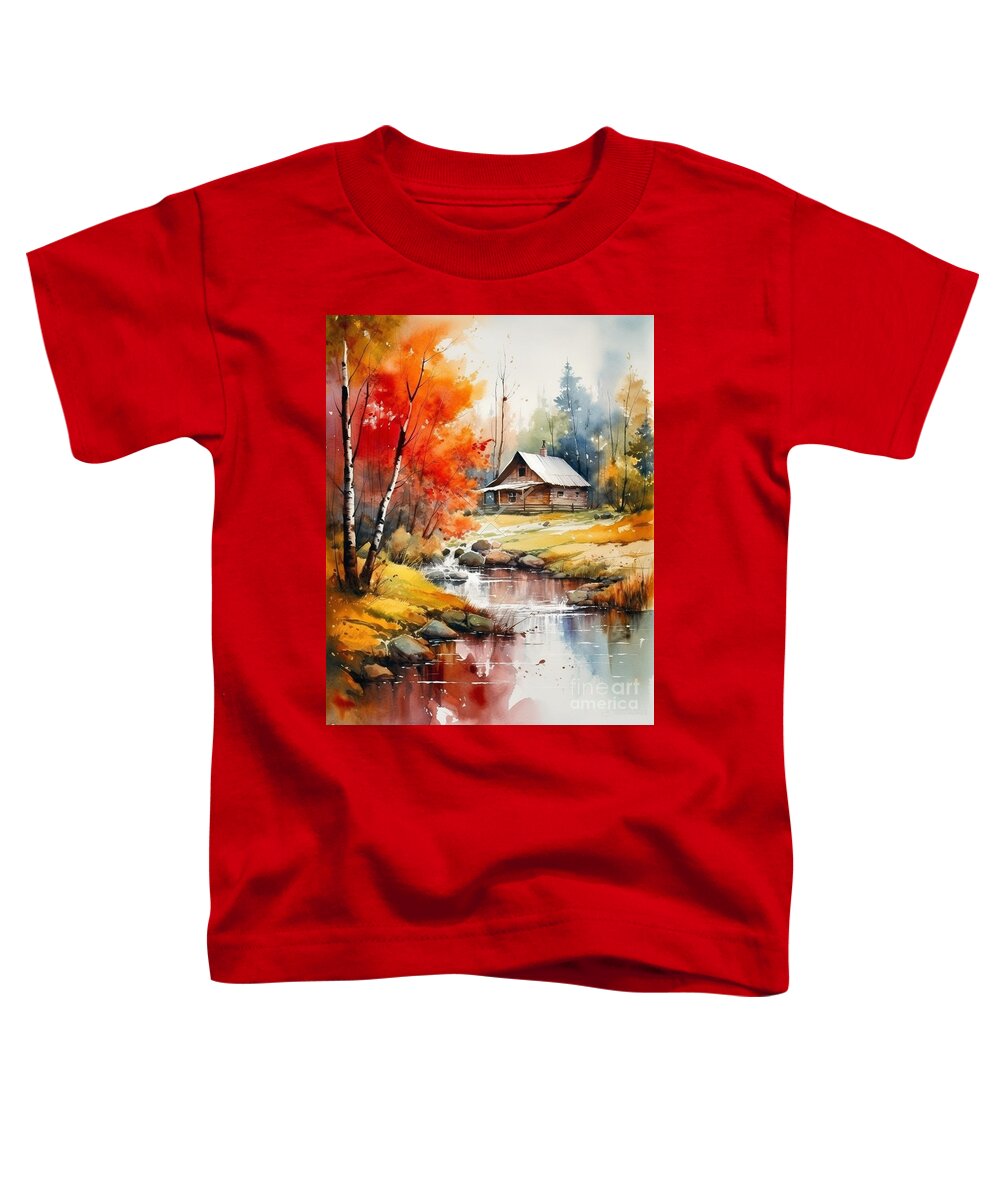 Cabin And Stream Ii Toddler T-Shirt featuring the mixed media Cabin and Stream II by Jay Schankman