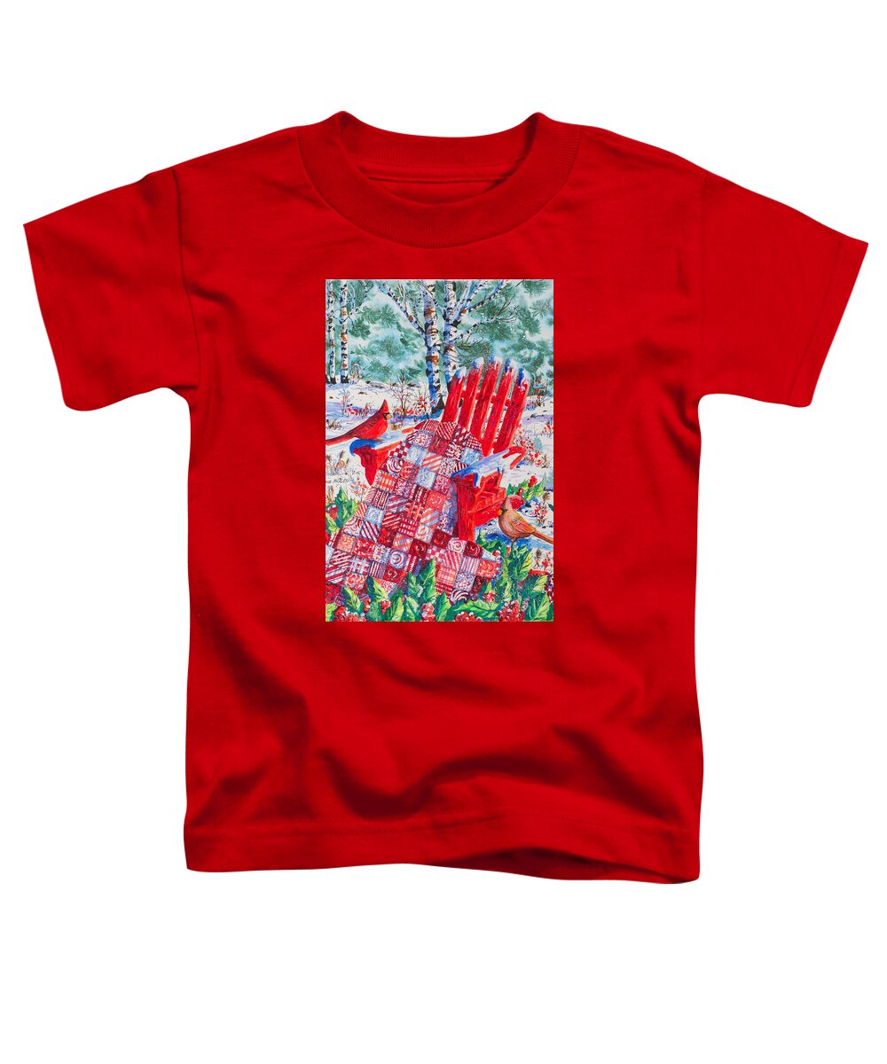 Winter Scene Of Two Cardinals With A Holiday Quilt Of Red And A Matching Red Adirondack Chair. Toddler T-Shirt featuring the painting Cardinals and Holiday Patchwork by Diane Phalen