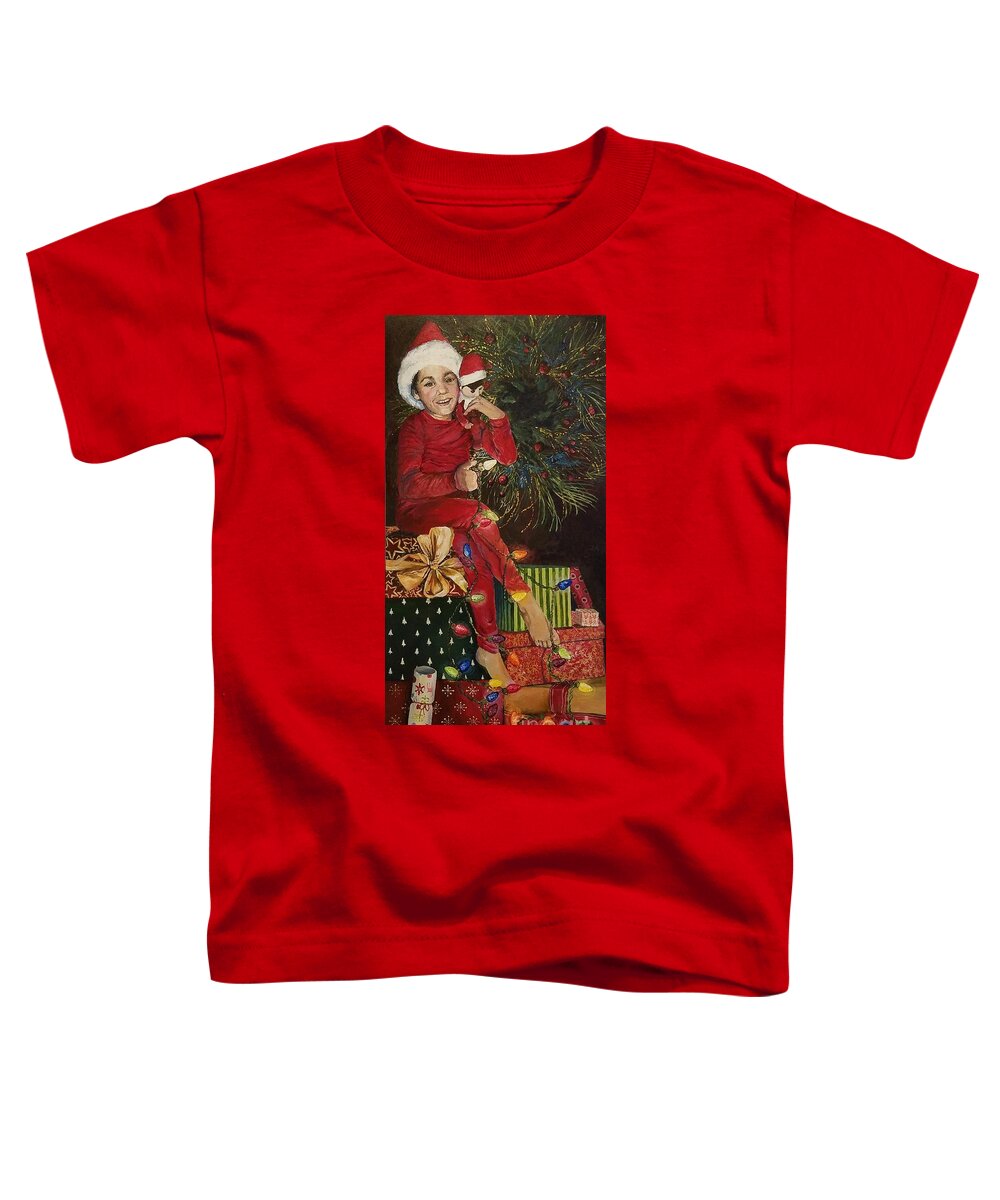 Christmas Toddler T-Shirt featuring the painting Christmas elves by Merana Cadorette