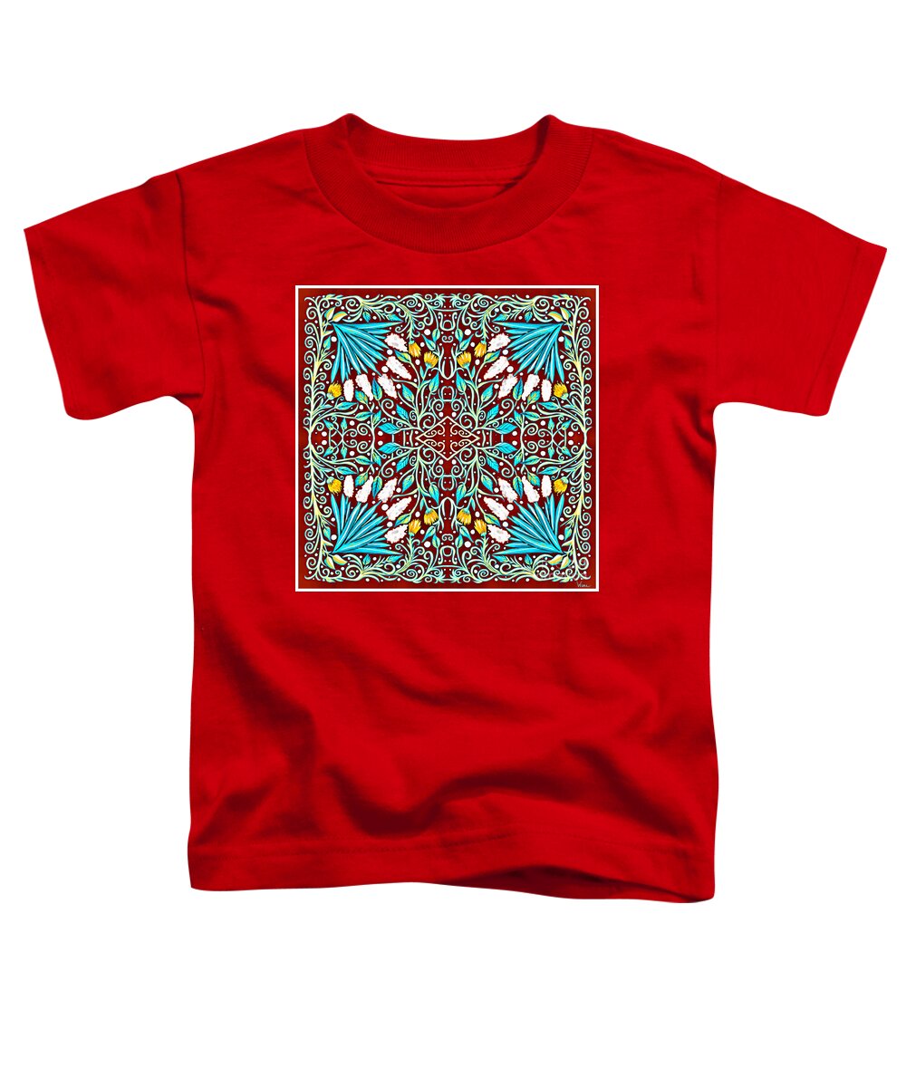Turquoise Leaves Toddler T-Shirt featuring the mixed media Floral Design in Turquoise, Yellow and Red by Lise Winne