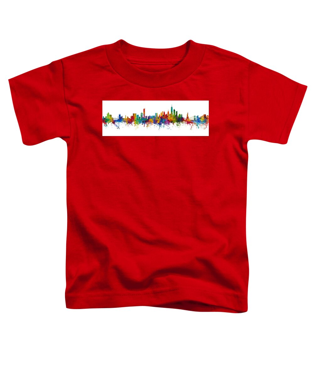 Manchester Toddler T-Shirt featuring the digital art Manchester and New York Skylines Mashup by Michael Tompsett