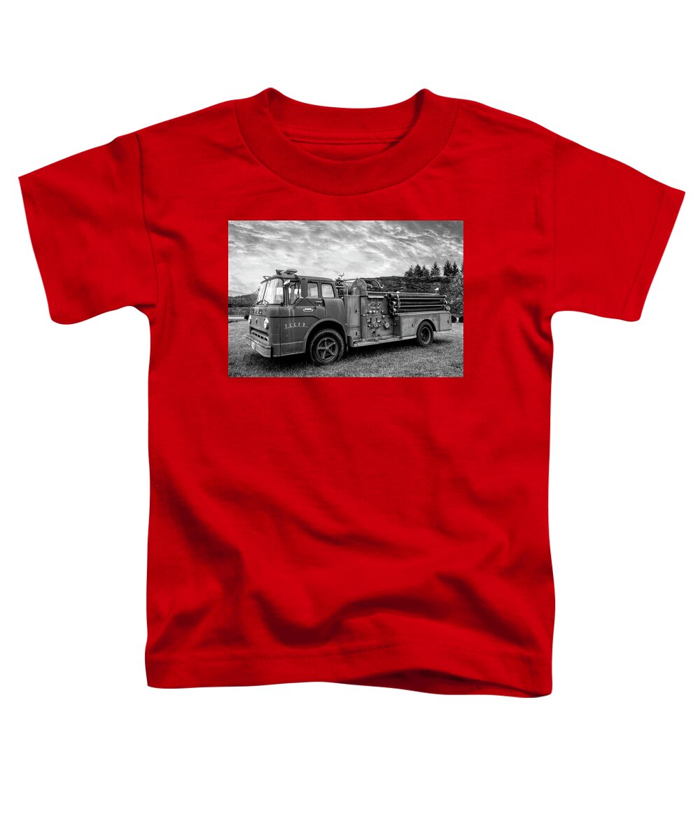 Fire Toddler T-Shirt featuring the photograph Old Fire Truck in the Country Black and White by Debra and Dave Vanderlaan