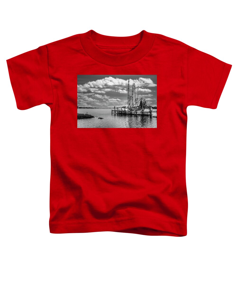 Boats Toddler T-Shirt featuring the photograph Old Shrimp Boats in the Harbor Black and White by Debra and Dave Vanderlaan