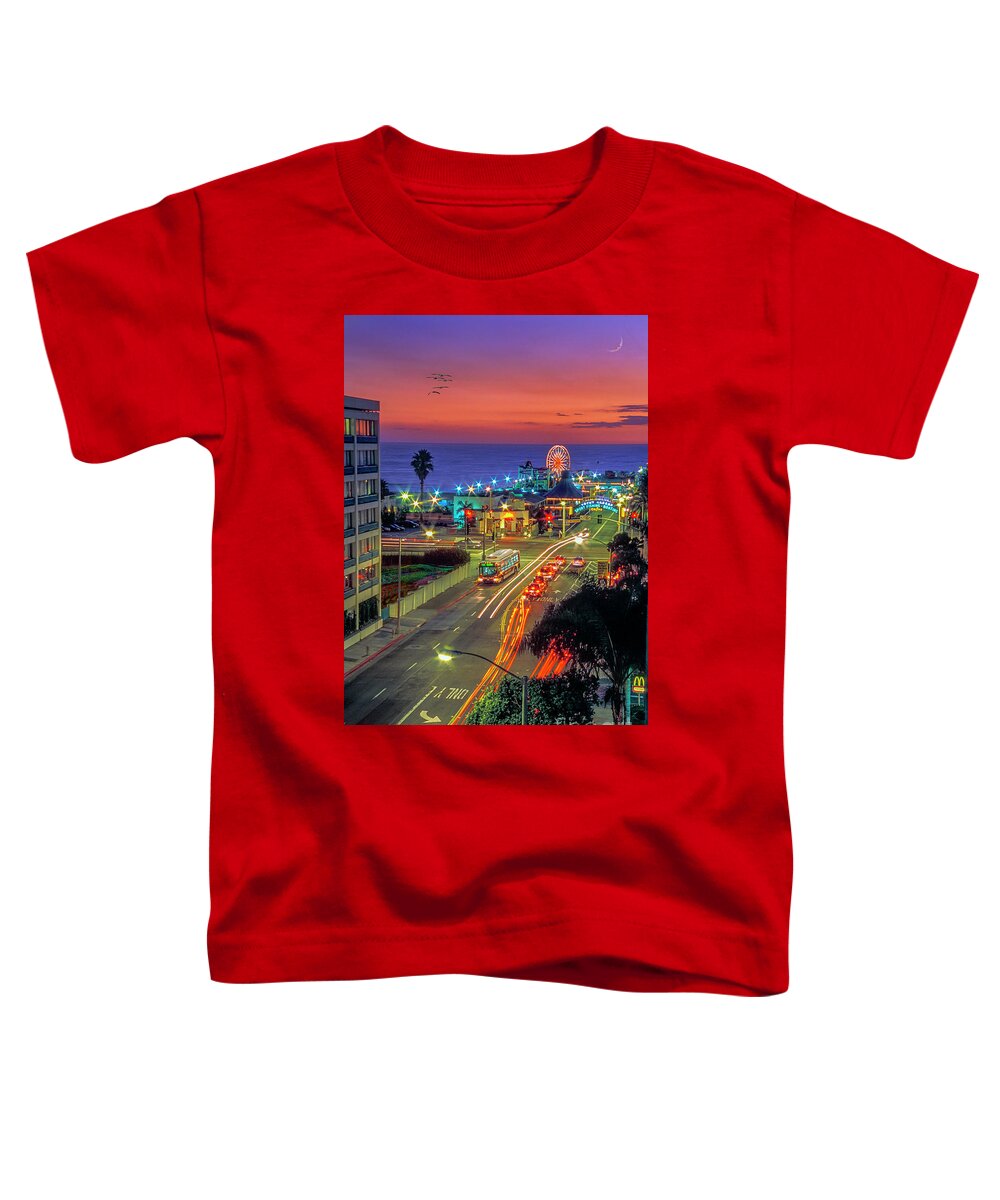 Santa Monica Pier Toddler T-Shirt featuring the photograph Pier Vertical Night Traffic by David Zanzinger