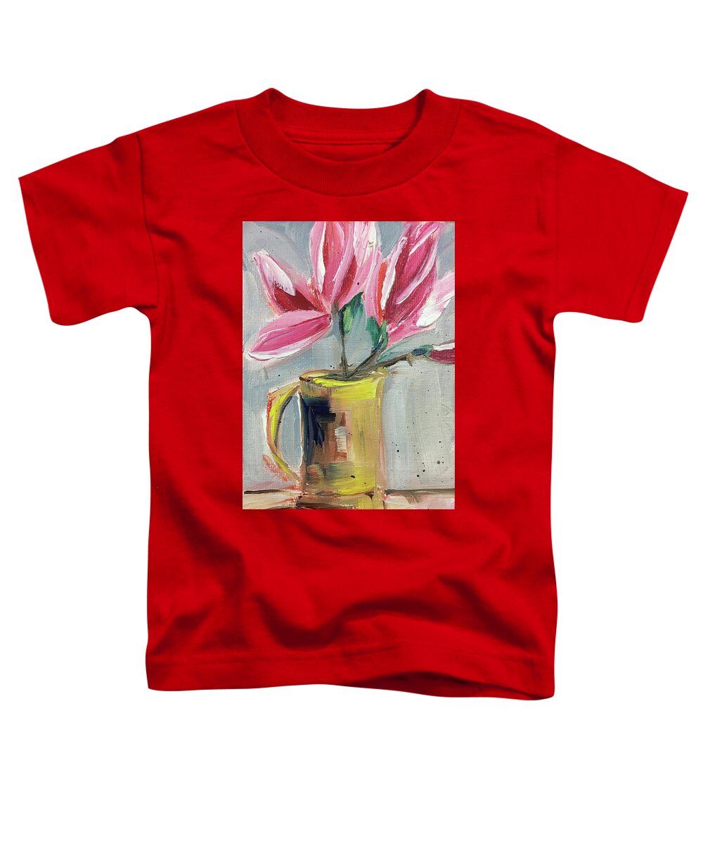 Magnolias Toddler T-Shirt featuring the painting Pink Magnolias in a Yellow Porcelain Pitcher by Roxy Rich