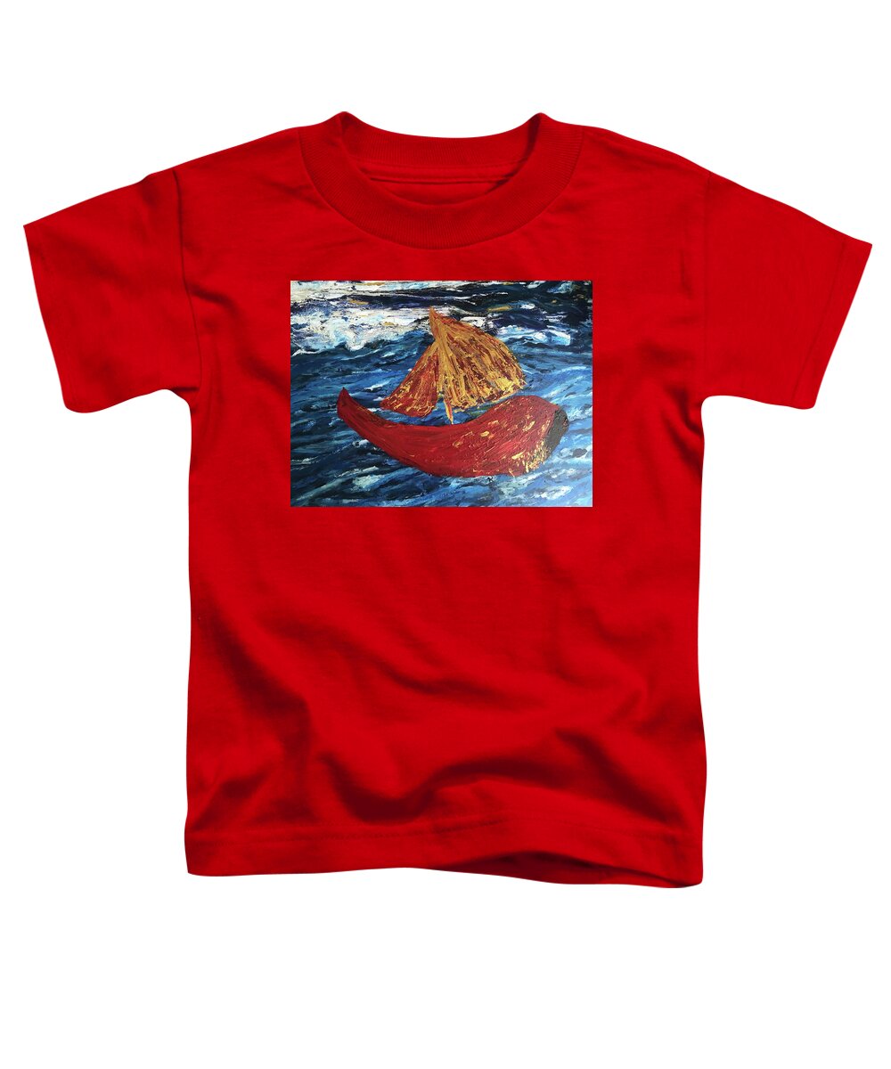 Red Boat Toddler T-Shirt featuring the painting The Little Red. Boat by Medge Jaspan