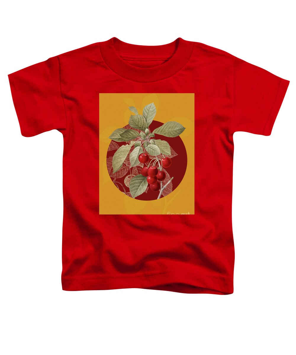 Vintage Toddler T-Shirt featuring the painting Vintage Botanical Cherry on Circle Red on Yellow by Holy Rock Design