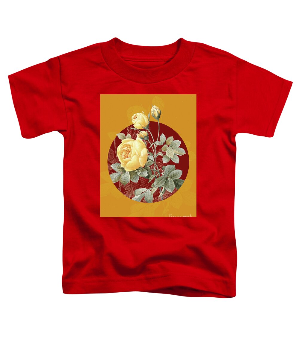 Vintage Toddler T-Shirt featuring the painting Vintage Botanical Yellow Rose on Circle Red on Yellow by Holy Rock Design