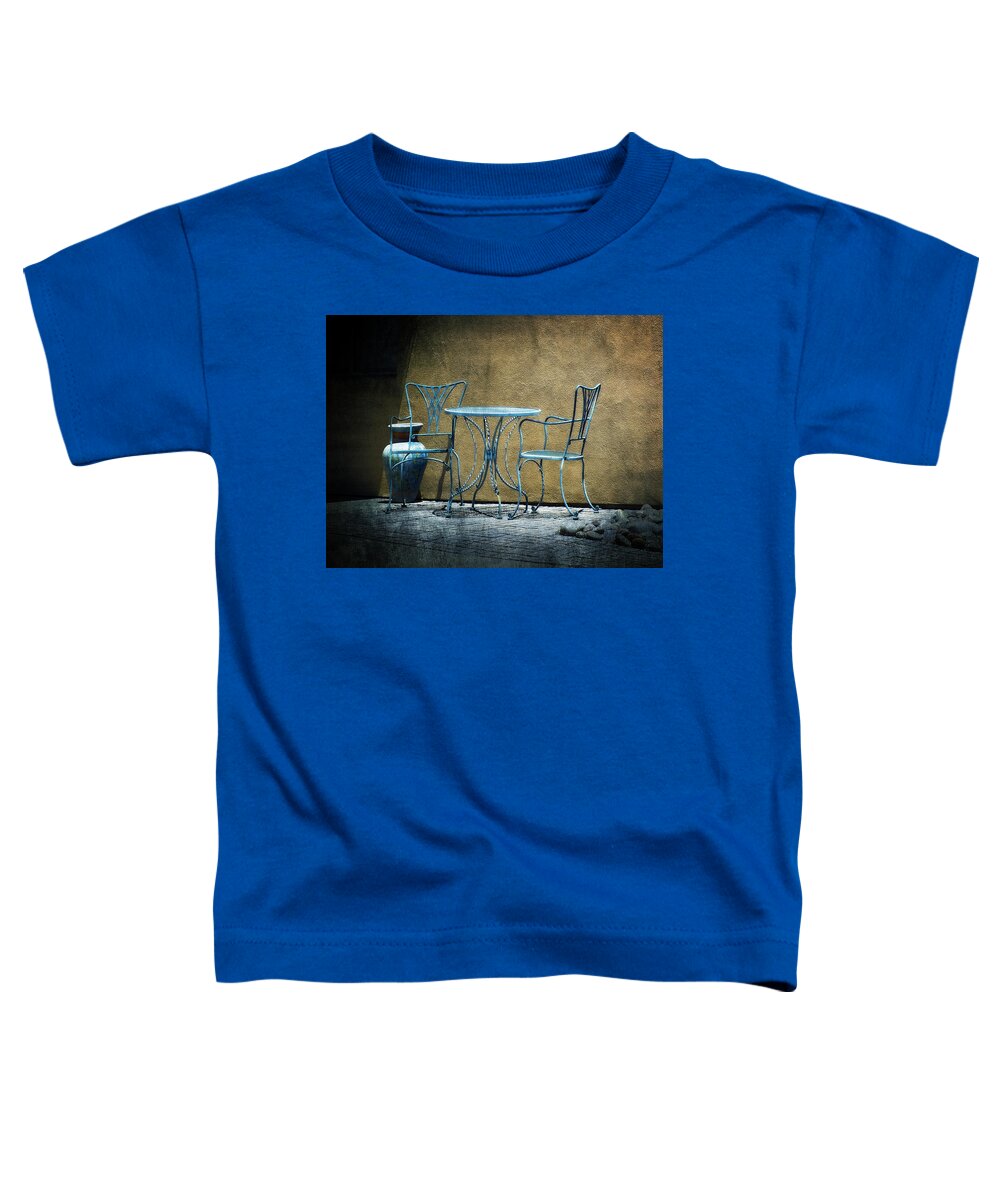 Lucinda Walter Toddler T-Shirt featuring the photograph Blue Table and Chairs by Lucinda Walter