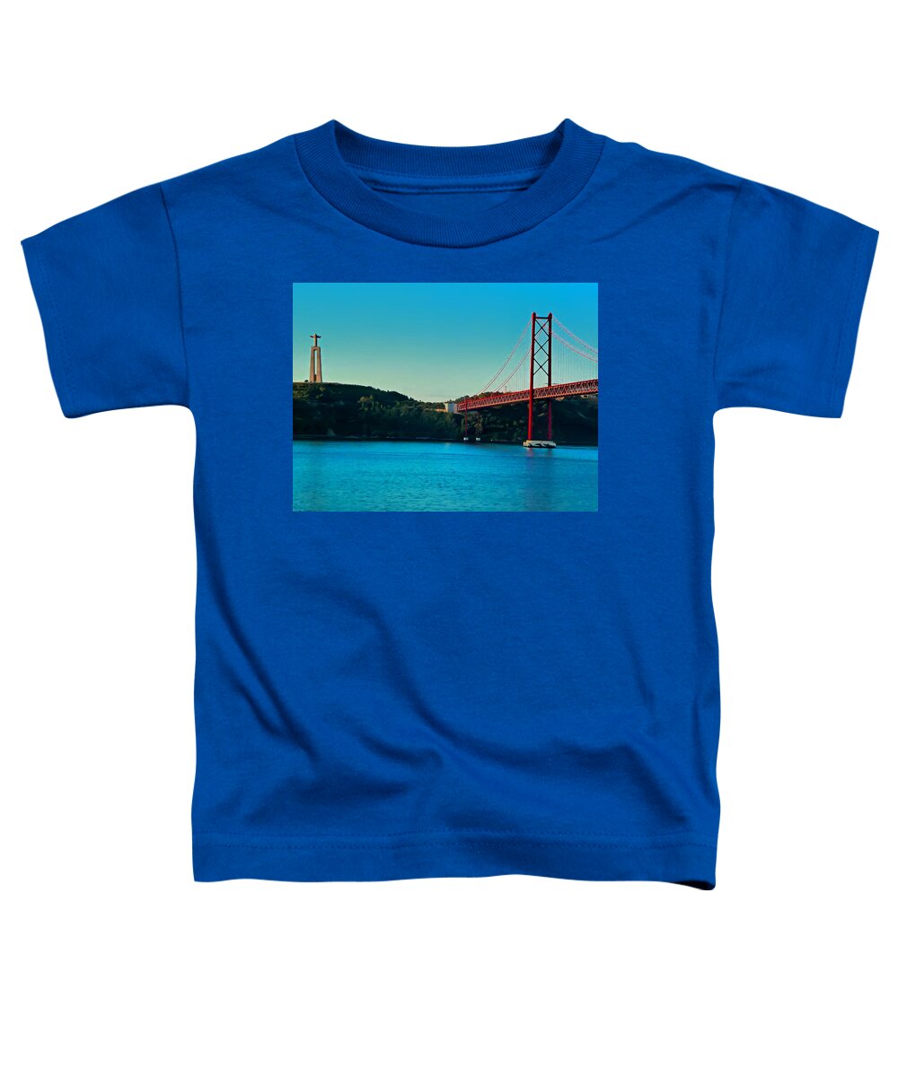 Lisbon Toddler T-Shirt featuring the photograph Cristo Rei and the 25 de Abril Bridge by Mitchell R Grosky