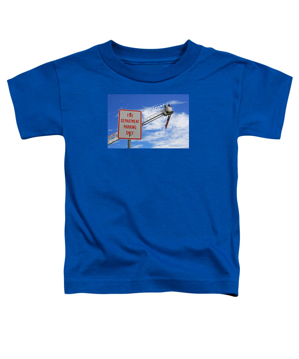 Aerial Ladder Toddler T-Shirt featuring the photograph Fire Department Parking Only by Susan McMenamin