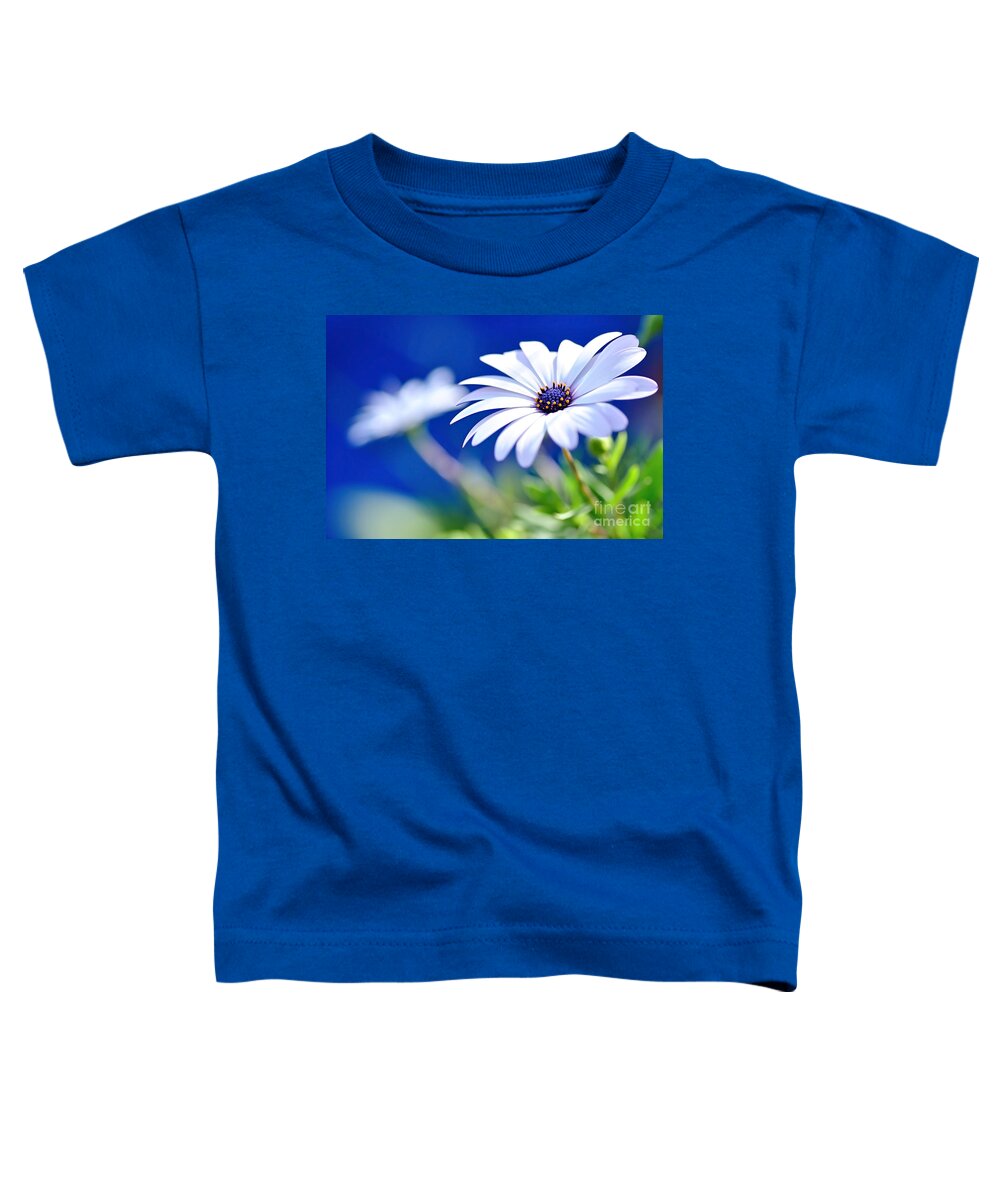 Photography Toddler T-Shirt featuring the photograph Happy White Daisy 2- Blue Bokeh by Kaye Menner