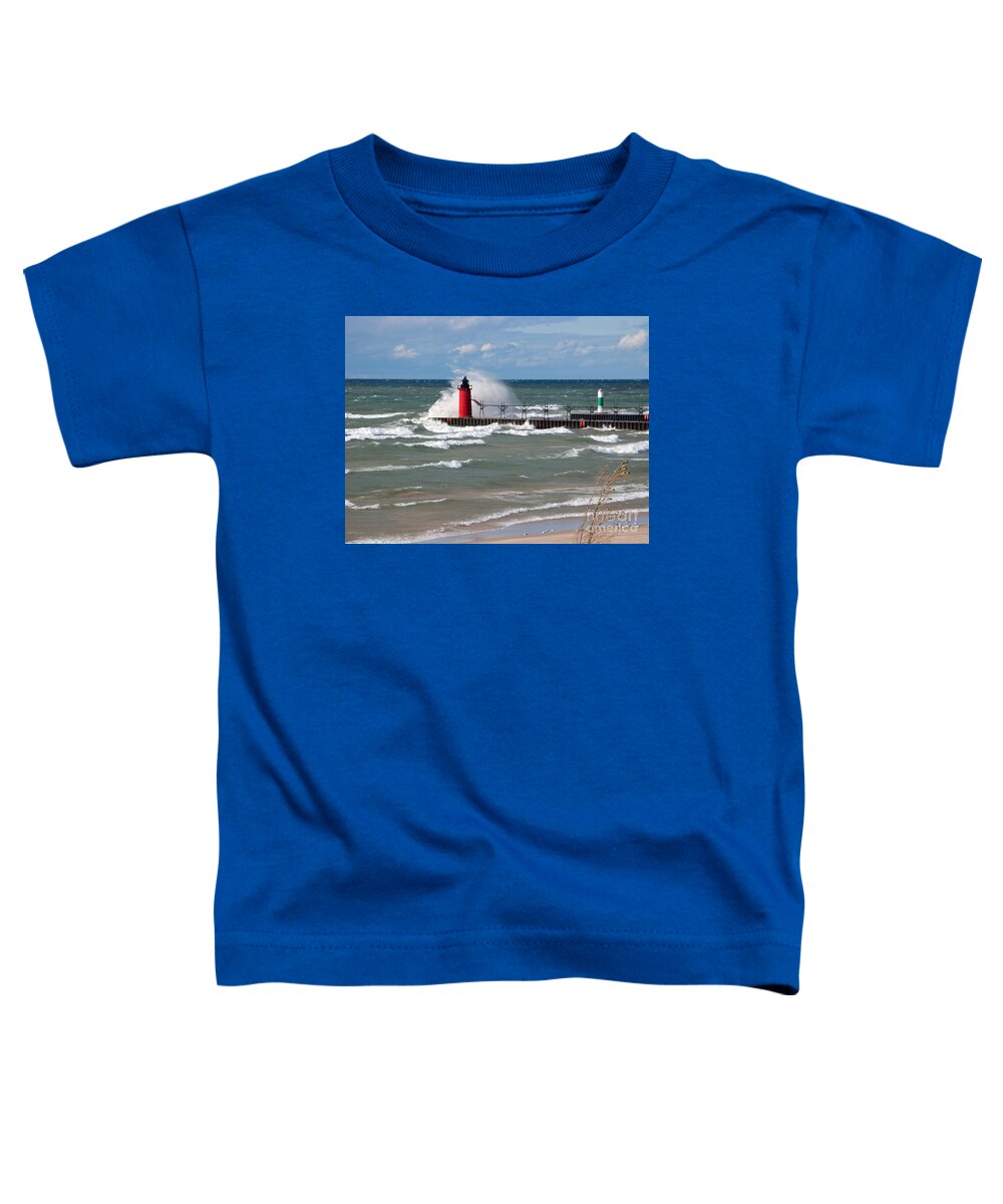 Lighthouse Toddler T-Shirt featuring the photograph South Haven Splash by Ann Horn
