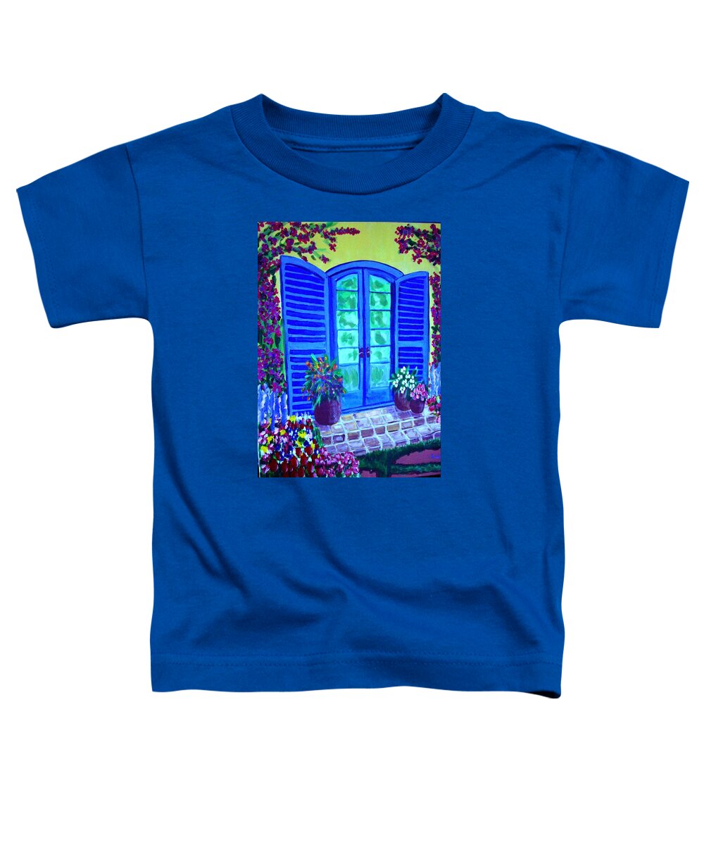Blue Toddler T-Shirt featuring the painting Blue Shutters by Laurie Morgan