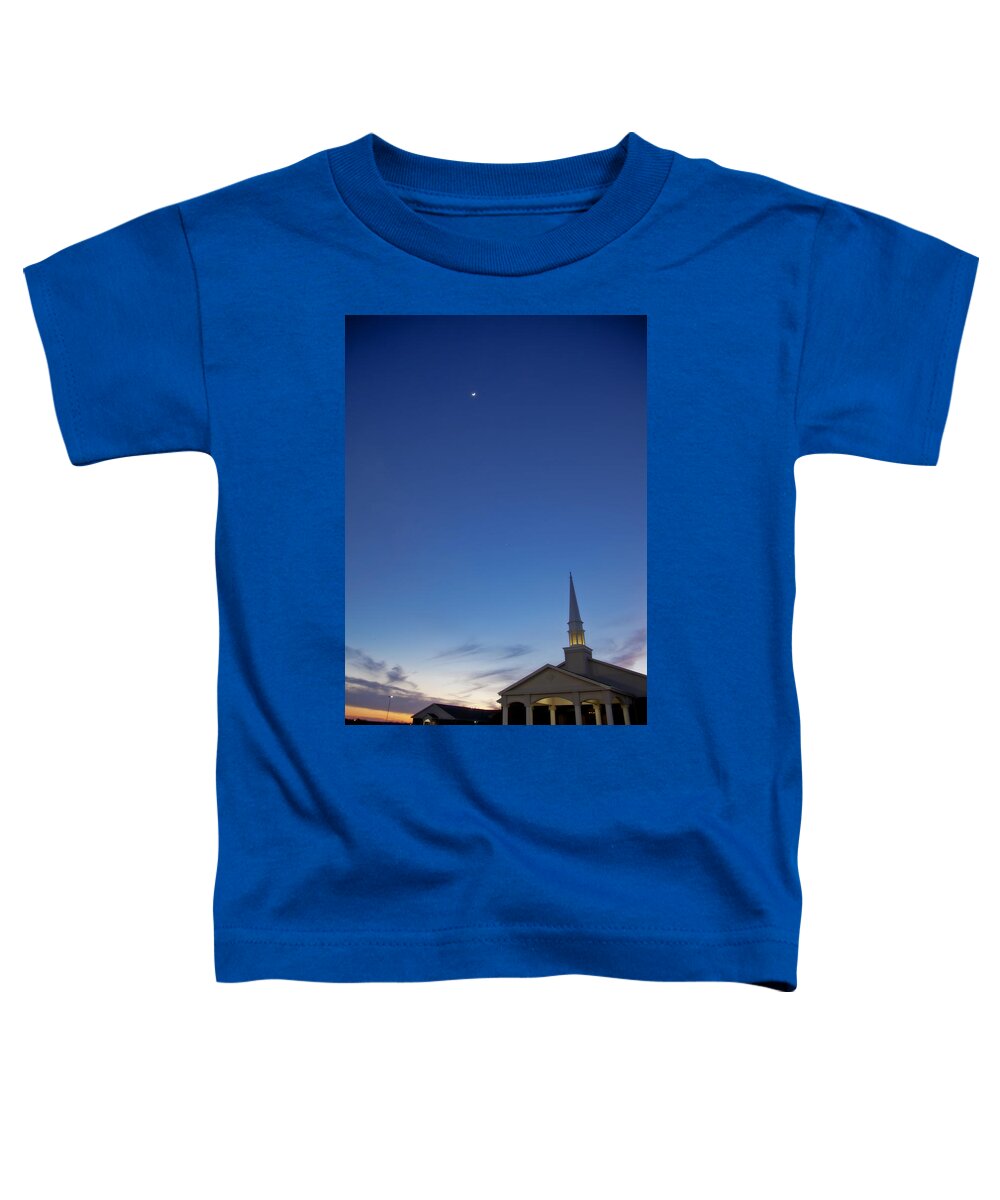 Sunset Toddler T-Shirt featuring the photograph Moon over steeple at New Hope Baptist Church West Duncan Oklahoma by Toni Hopper