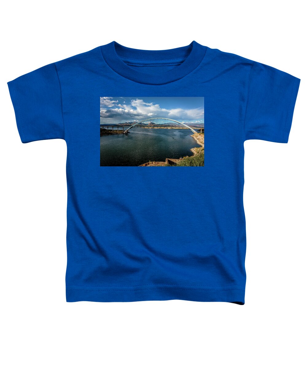 Lake Toddler T-Shirt featuring the photograph Roosevelt Lake Bridge #1 by Dennis Swena