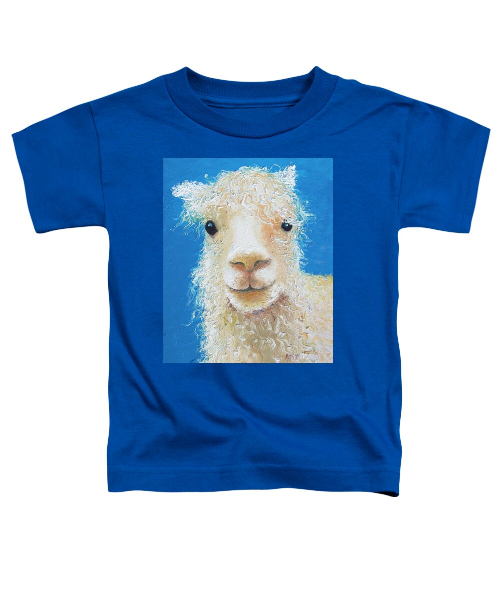 Alpaca Toddler T-Shirt featuring the painting Alpaca on blue background by Jan Matson