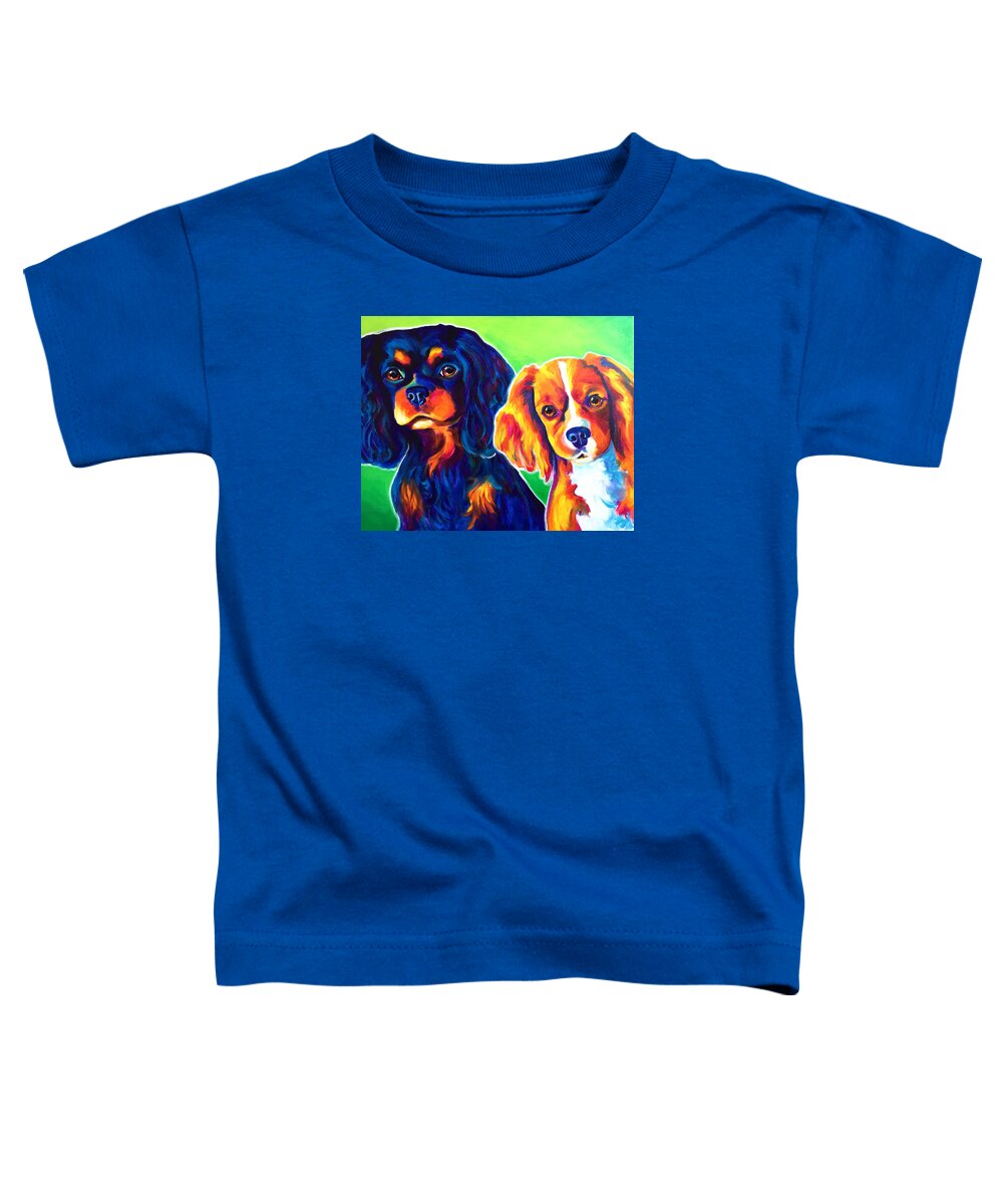 Cavalier King Charles Spaniel Toddler T-Shirt featuring the painting Cavelier King Charles Spaniels - Saffy and Duck by Dawg Painter