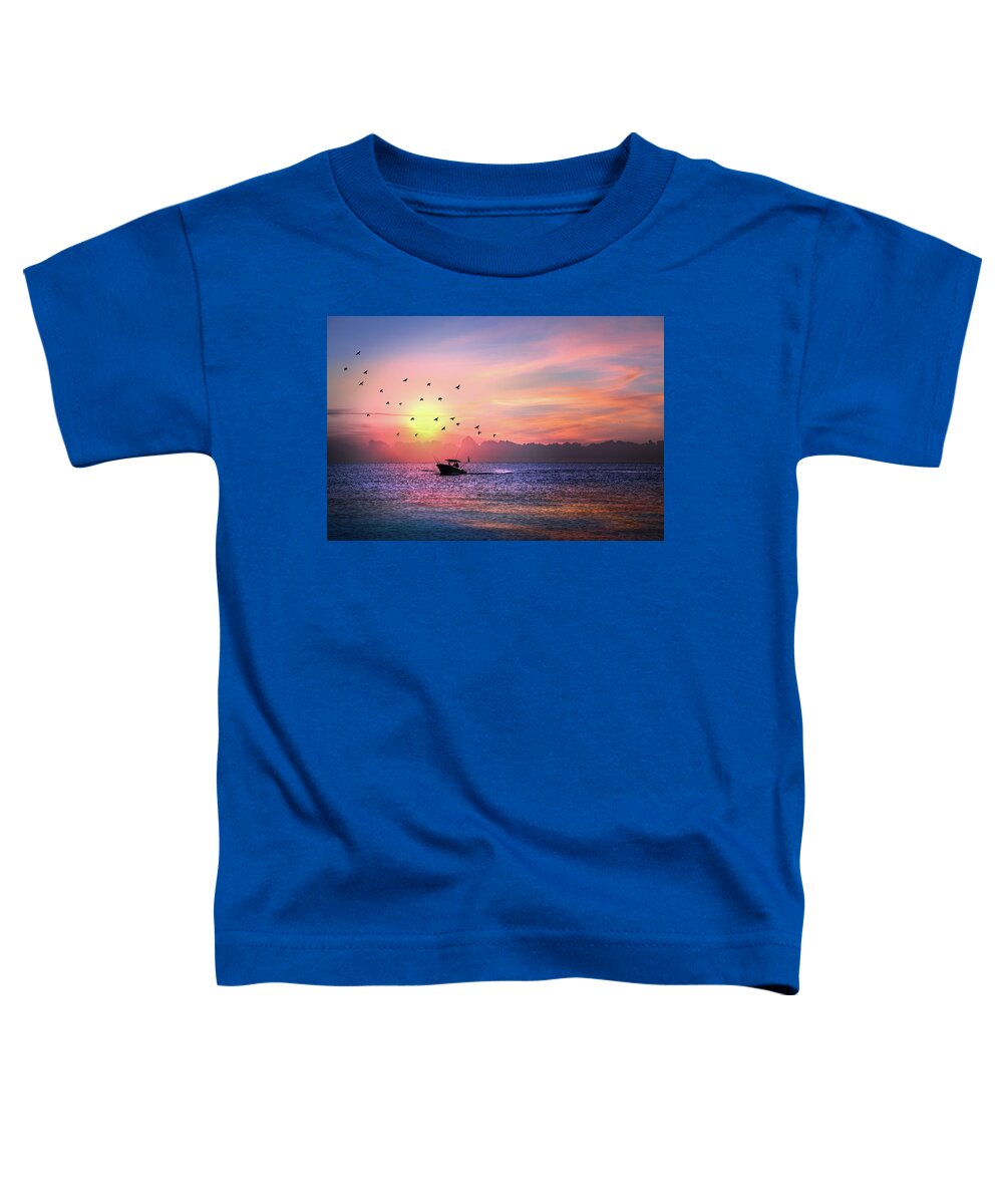 Bird Toddler T-Shirt featuring the photograph Fishing Boat at Dawn by Debra and Dave Vanderlaan