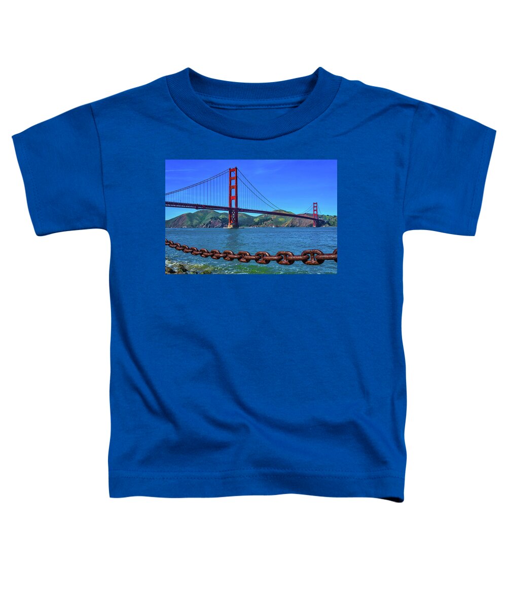 Golden Gate Bridge Tower Blue Sky Toddler T-Shirt featuring the photograph Golden Gate Bridge And Chain by Garry Gay