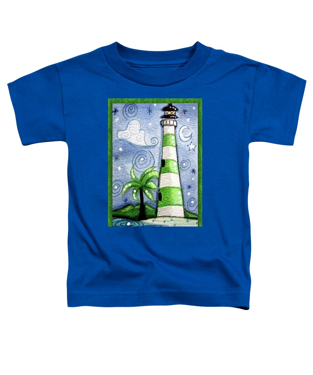 Lighthouse Toddler T-Shirt featuring the painting Green and White Tropical Lighthouse by Monica Resinger