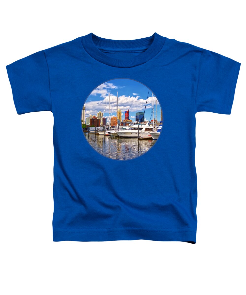Marina Toddler T-Shirt featuring the photograph Liberty Landing Marina Against Jersey City Skyline by Susan Savad