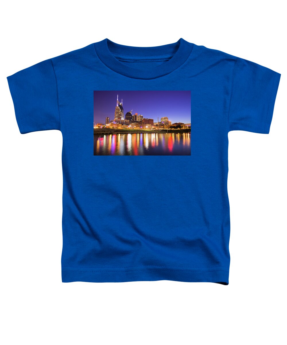 America Toddler T-Shirt featuring the photograph Nashville Skyline at Night on the Cumberland River by Gregory Ballos