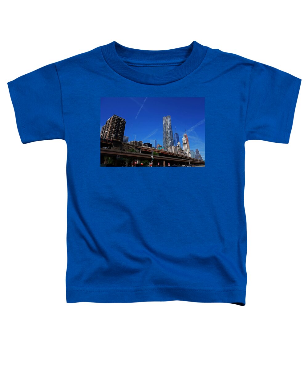 New Toddler T-Shirt featuring the photograph New York Skyline Brooklyn Bridge Construction by Toby McGuire