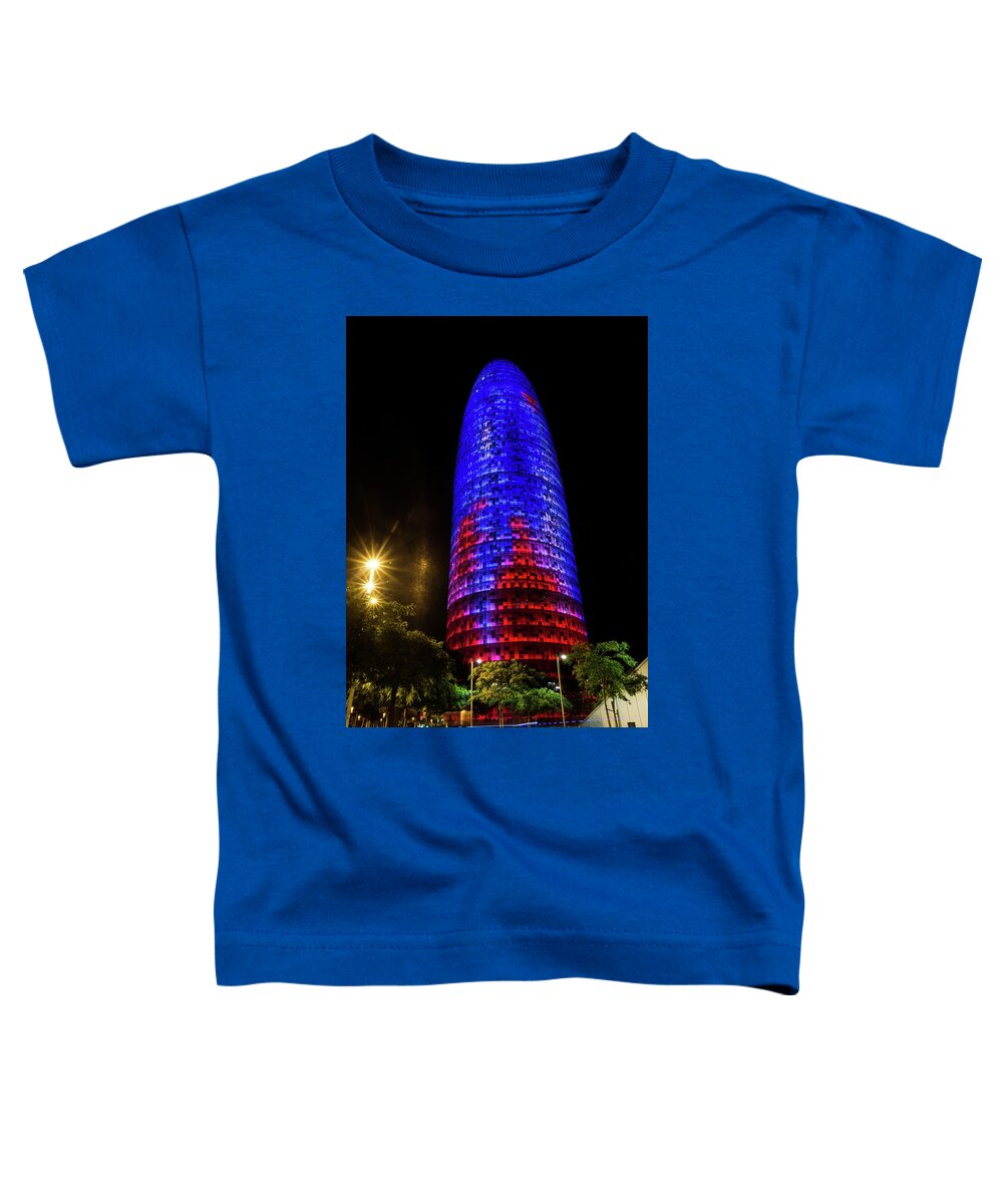 Nocturnal Illumination Toddler T-Shirt featuring the photograph Nocturnal Illumination - Torre Agbar Barcelona Soft Golden Glow by Georgia Mizuleva