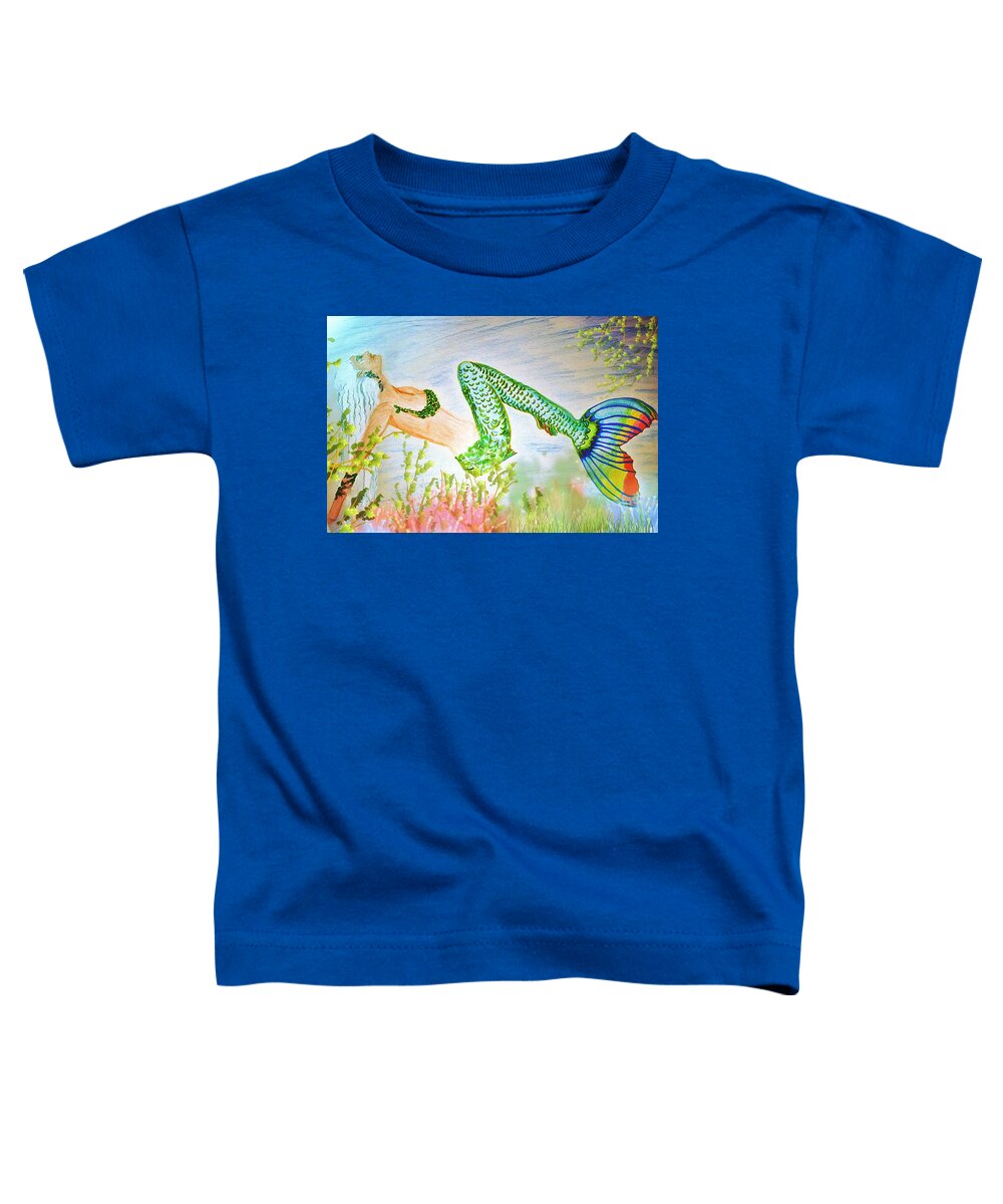 Rainbow Mermaid Art Toddler T-Shirt featuring the mixed media Mermaid Relaxing In The Shallows by Pamela Smale Williams