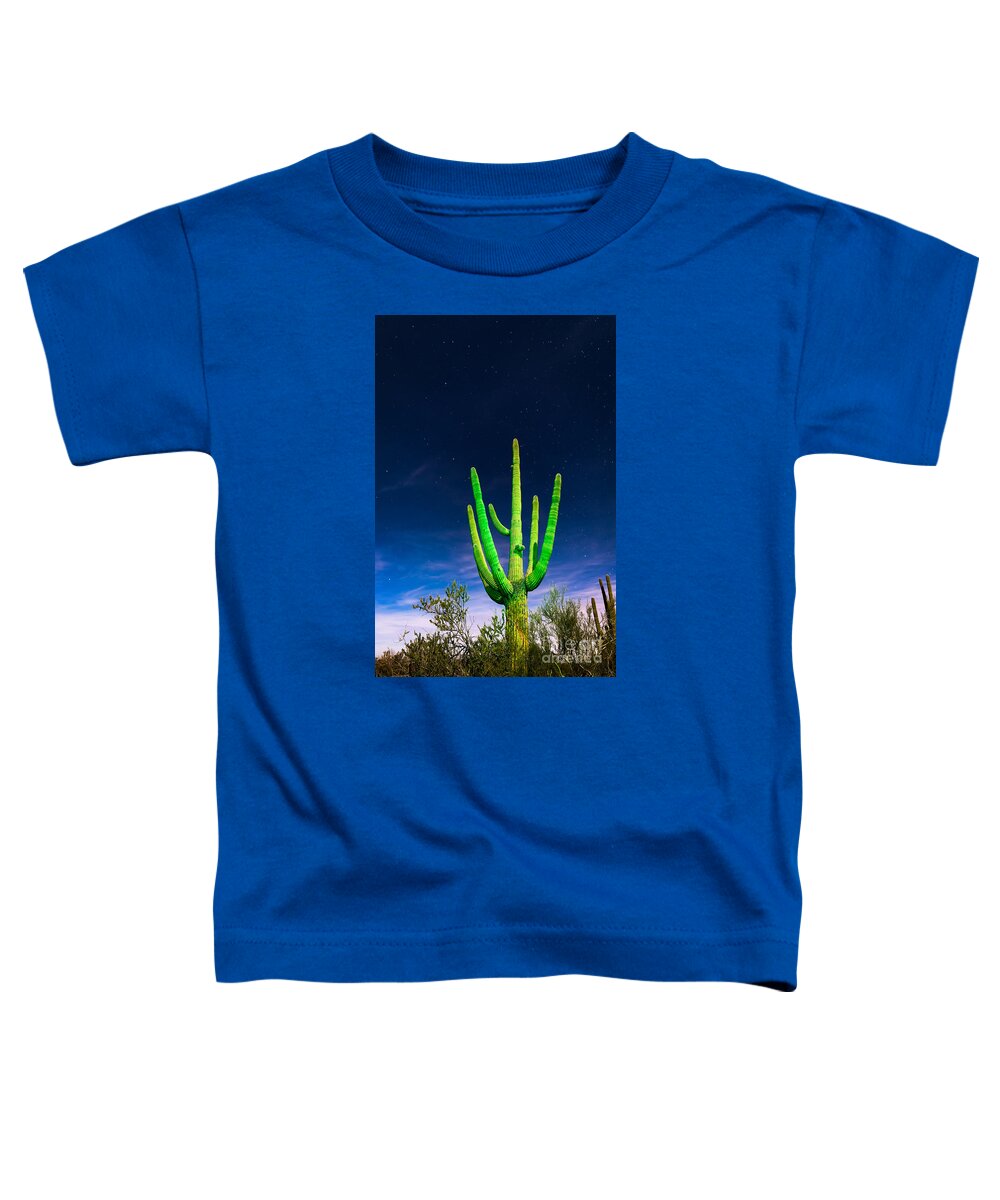 Arizona Toddler T-Shirt featuring the photograph Saguaro Cactus Against Star Filled Sky by Bryan Mullennix