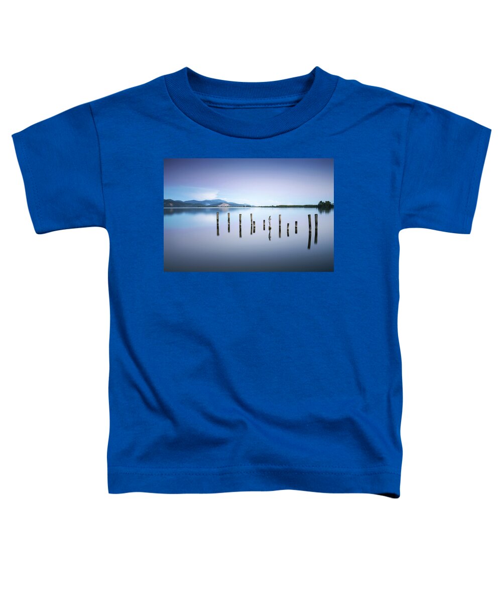 Lake Toddler T-Shirt featuring the photograph Wooden pier or jetty remains on a blue lake sunset and sky refle #3 by Stefano Orazzini