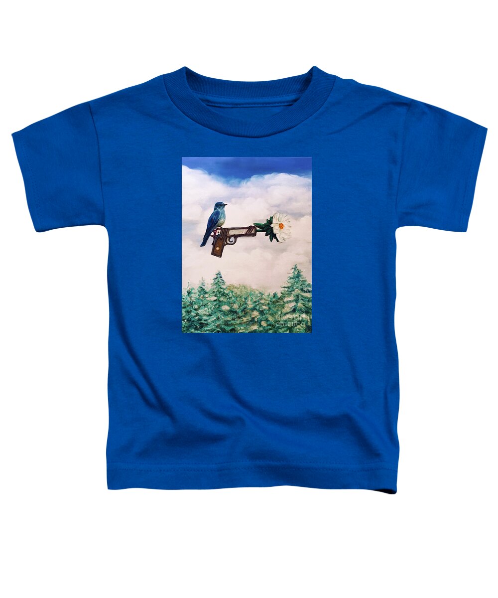 Flower Toddler T-Shirt featuring the painting Flower in a Gun- Bluebird of Happiness by Shelley Myers