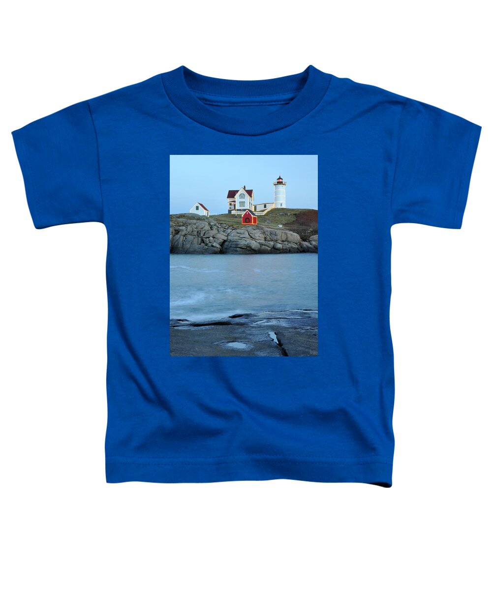 Nubble Lighthouse Toddler T-Shirt featuring the photograph Holiday Nubble on the Rocks by Luke Moore