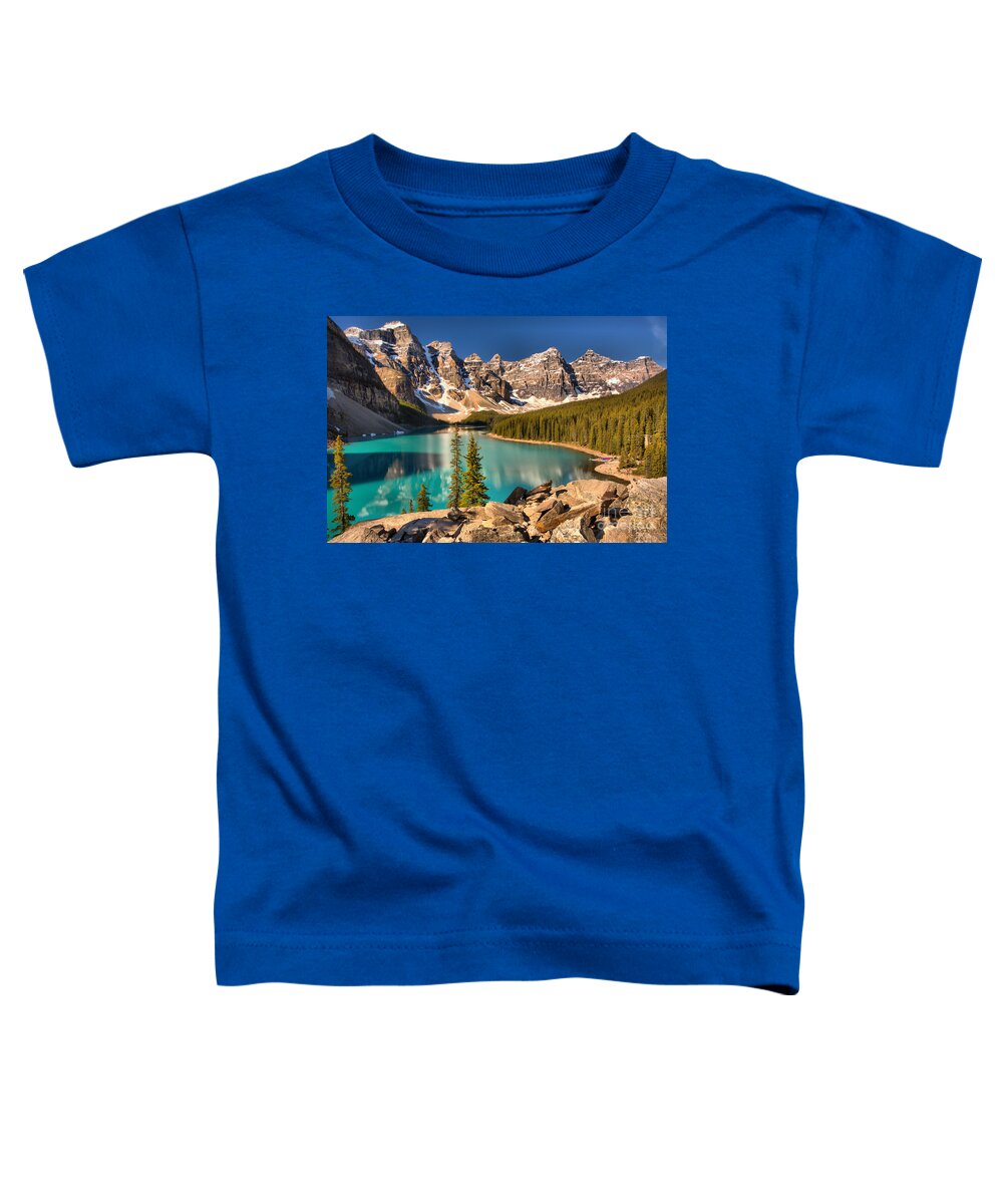 Moraine Lake Toddler T-Shirt featuring the photograph Moraine Lake Rockpile Reflections by Adam Jewell