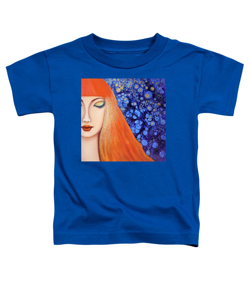 Wall Art Abstract Painting Acrylic Painting Aelita Light Of The Stars Gift Idea Blue Color Stars Woman Painting Lady Pouring Art Pouring Technique Red Hair Toddler T-Shirt featuring the painting Aelita Light Of the Stars by Tanya Harr