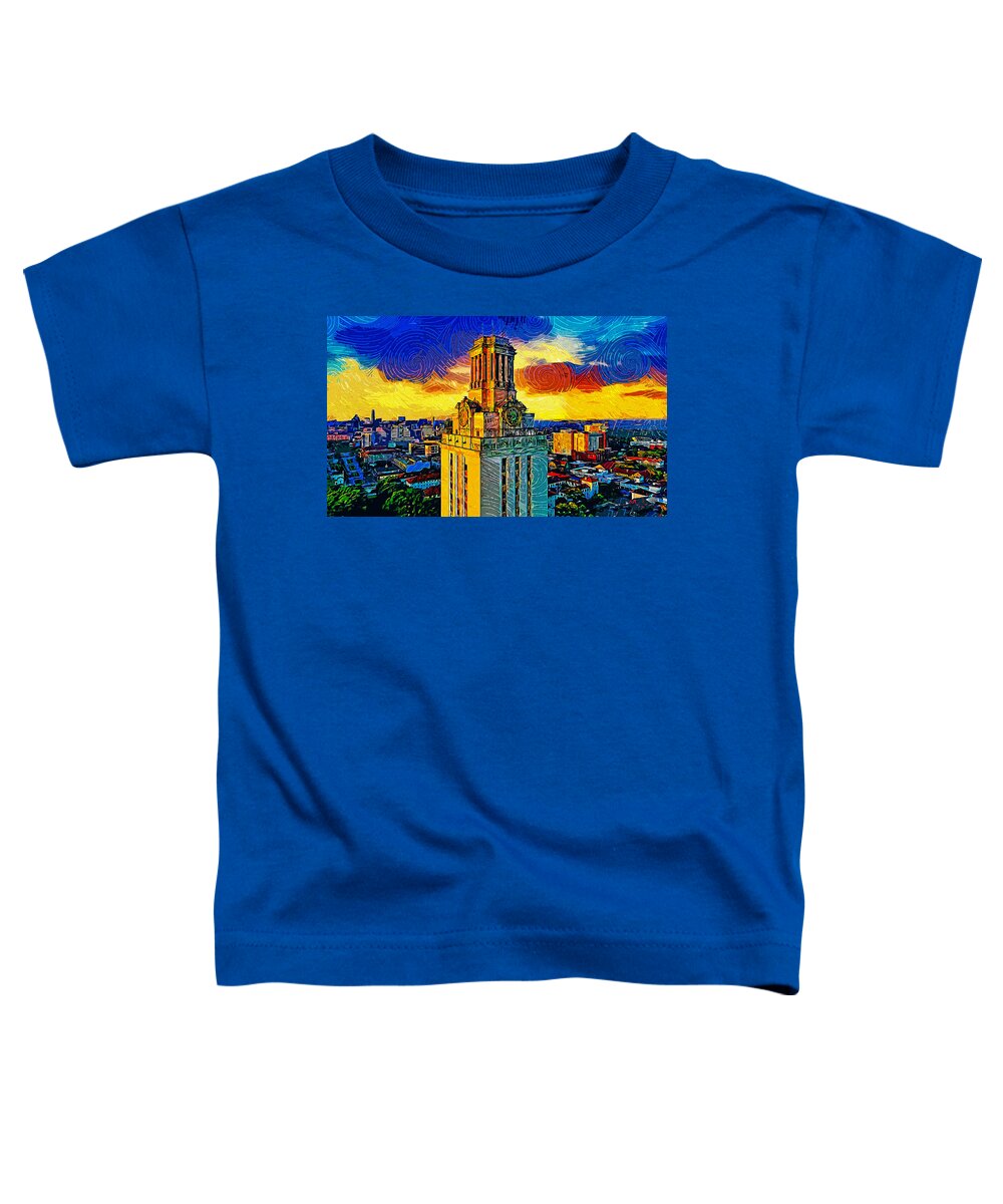 Main Building Toddler T-Shirt featuring the digital art Aerial of the Main Building of the University of Texas at Austin - impressionist painting by Nicko Prints