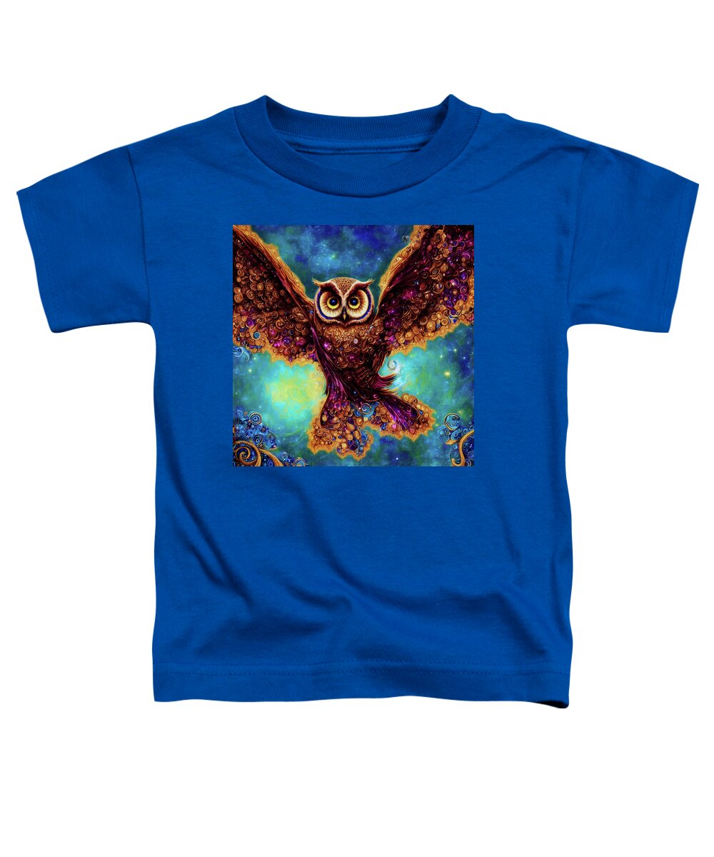 Owls Toddler T-Shirt featuring the digital art Bejeweled Owl in Flight by Peggy Collins