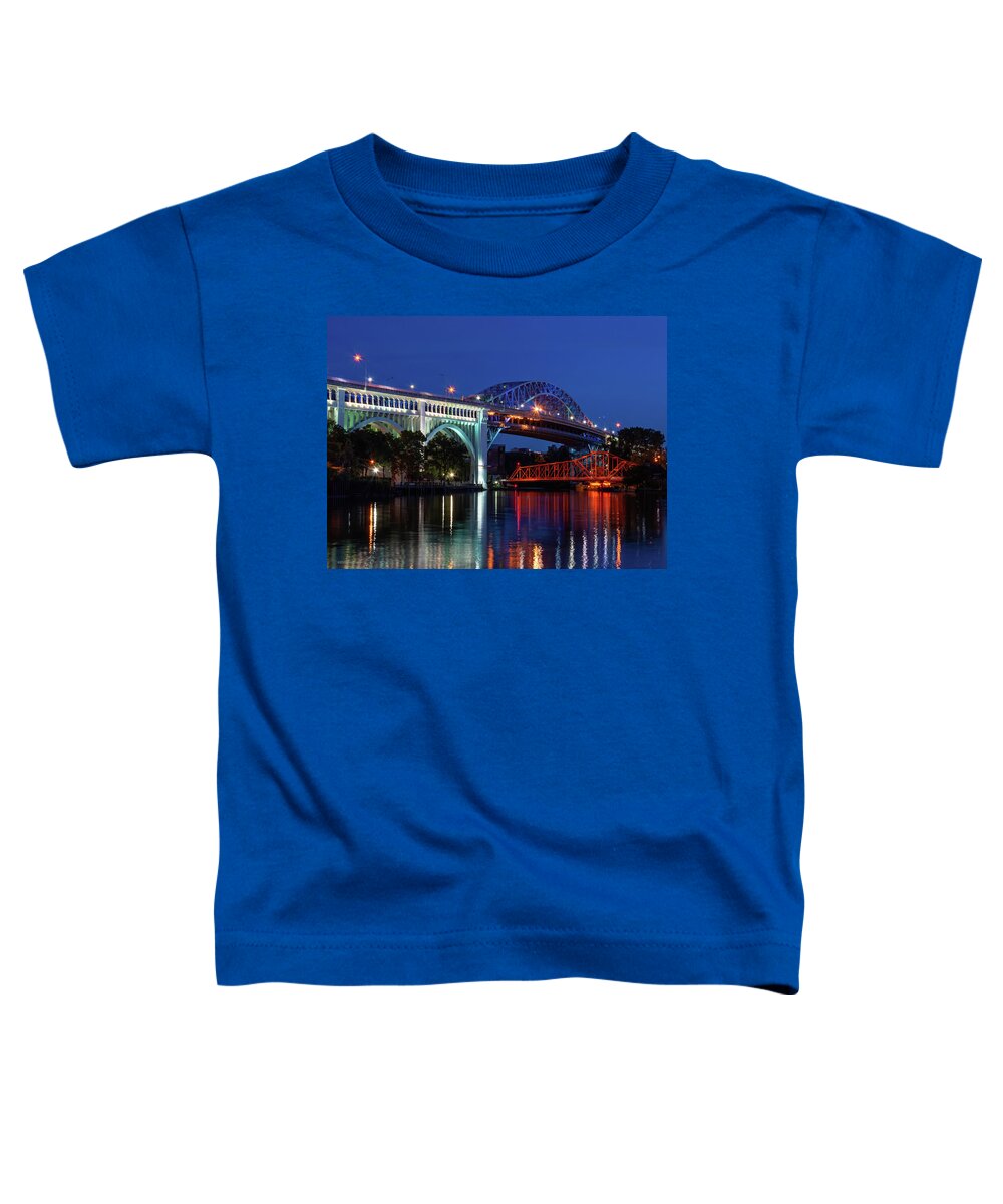 Bridge Toddler T-Shirt featuring the photograph Bridge over the Cuyahoga River at Night by Paul Giglia