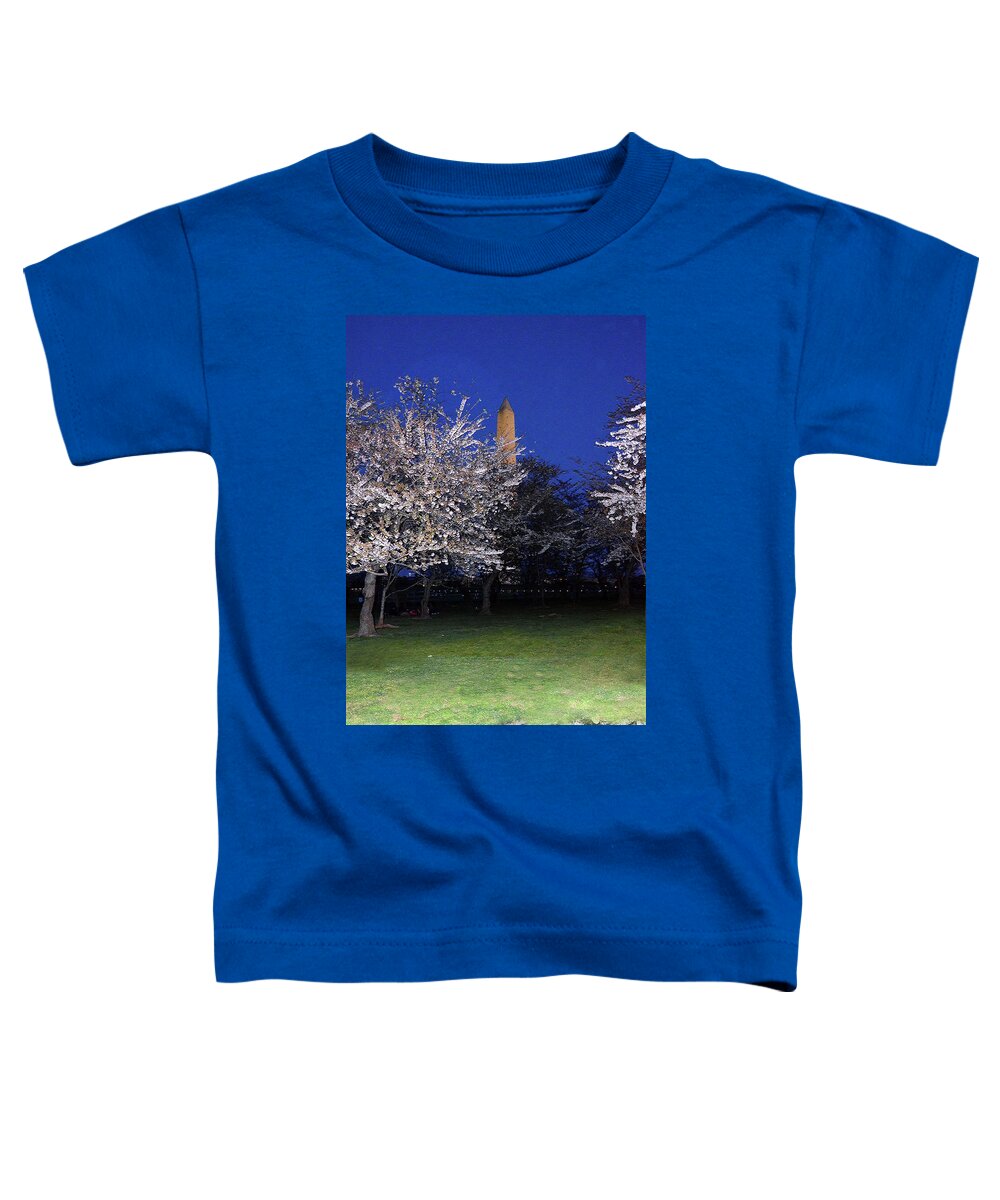 Cherry Blossom Toddler T-Shirt featuring the photograph Cherry blossoms overlooking Washington monument 1 by Harsh Malik