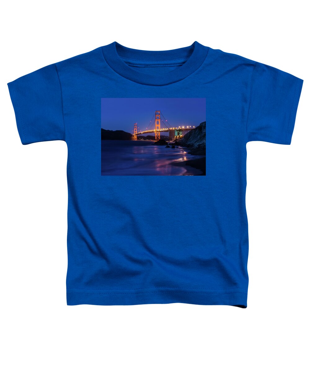 Golden Gate Toddler T-Shirt featuring the photograph Golden Gate Glow by Linda Villers