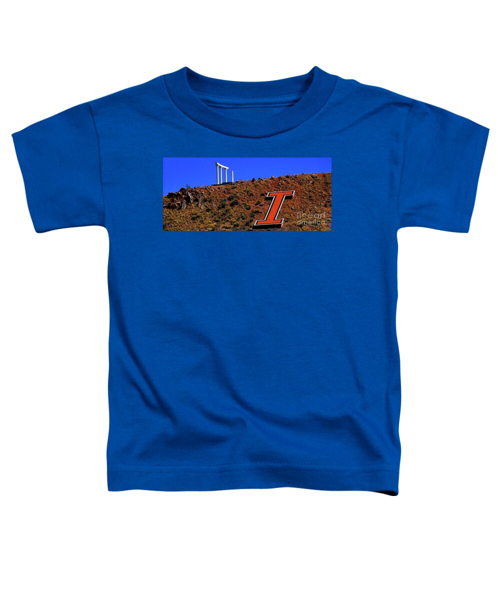 Idaho Toddler T-Shirt featuring the photograph Idaho State University Collumns and the Big I on Red Hill by Lane Erickson