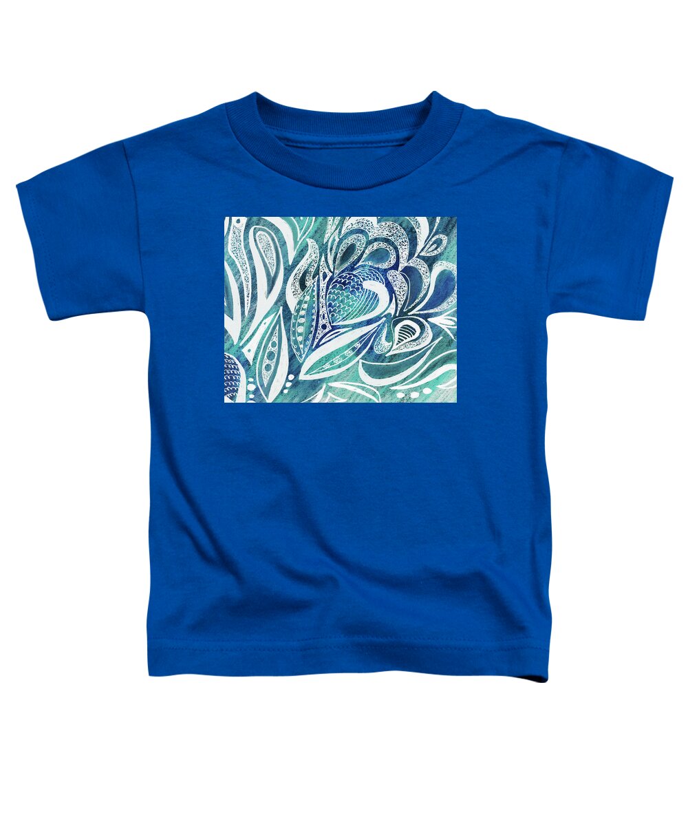 Floral Pattern Toddler T-Shirt featuring the painting Magical Floral Leaves Berries Seeds Pattern Cool Teal Blue Design III by Irina Sztukowski